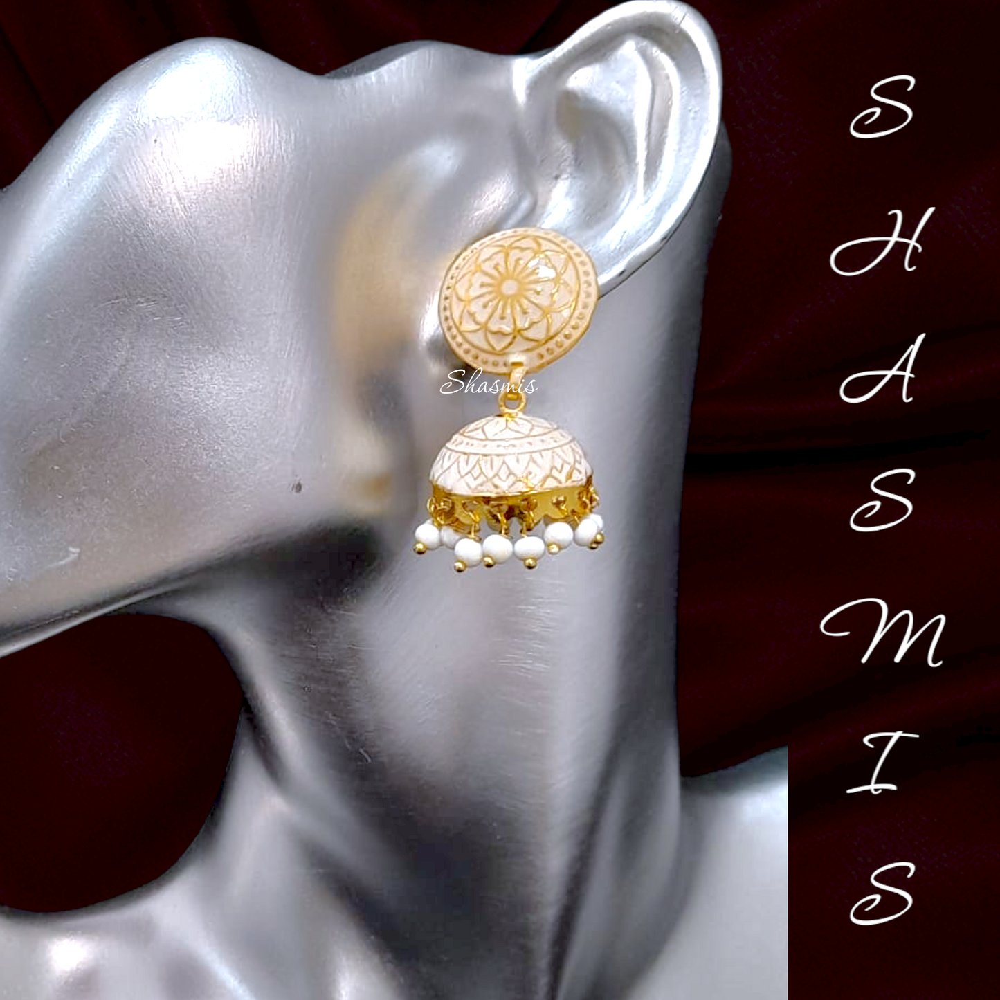 Gold And White Meenakari Jhumka Earrings