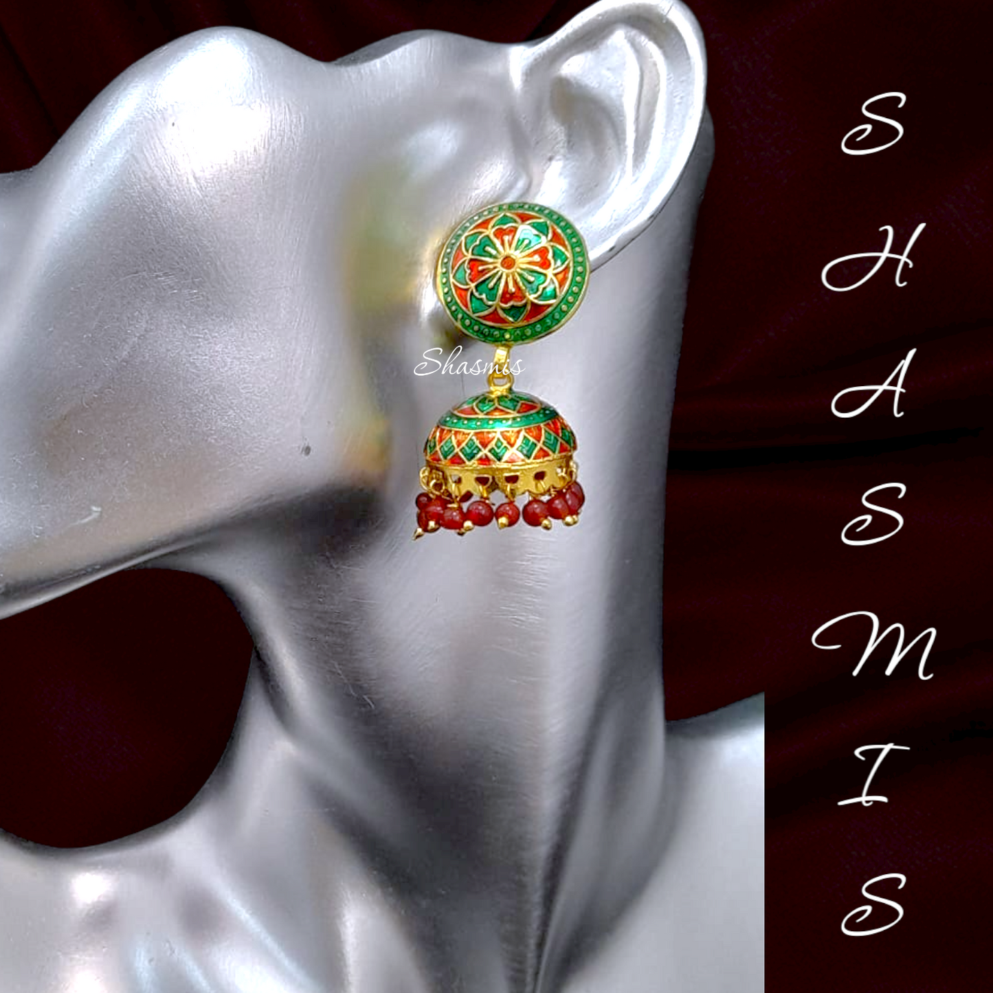 Red and Green Meenakari Design Jhumka Earrings