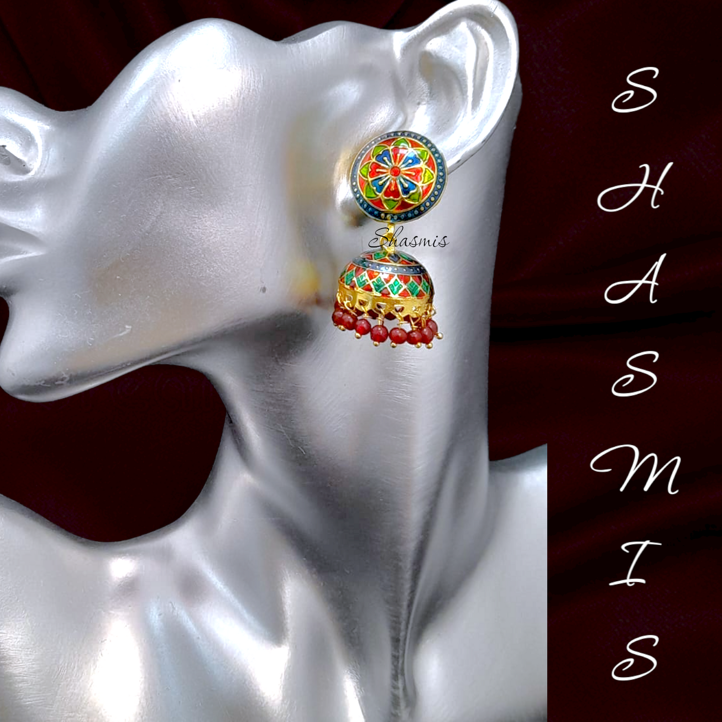 Maroon Drop With Green Design Meenakari Jhumka Earrings