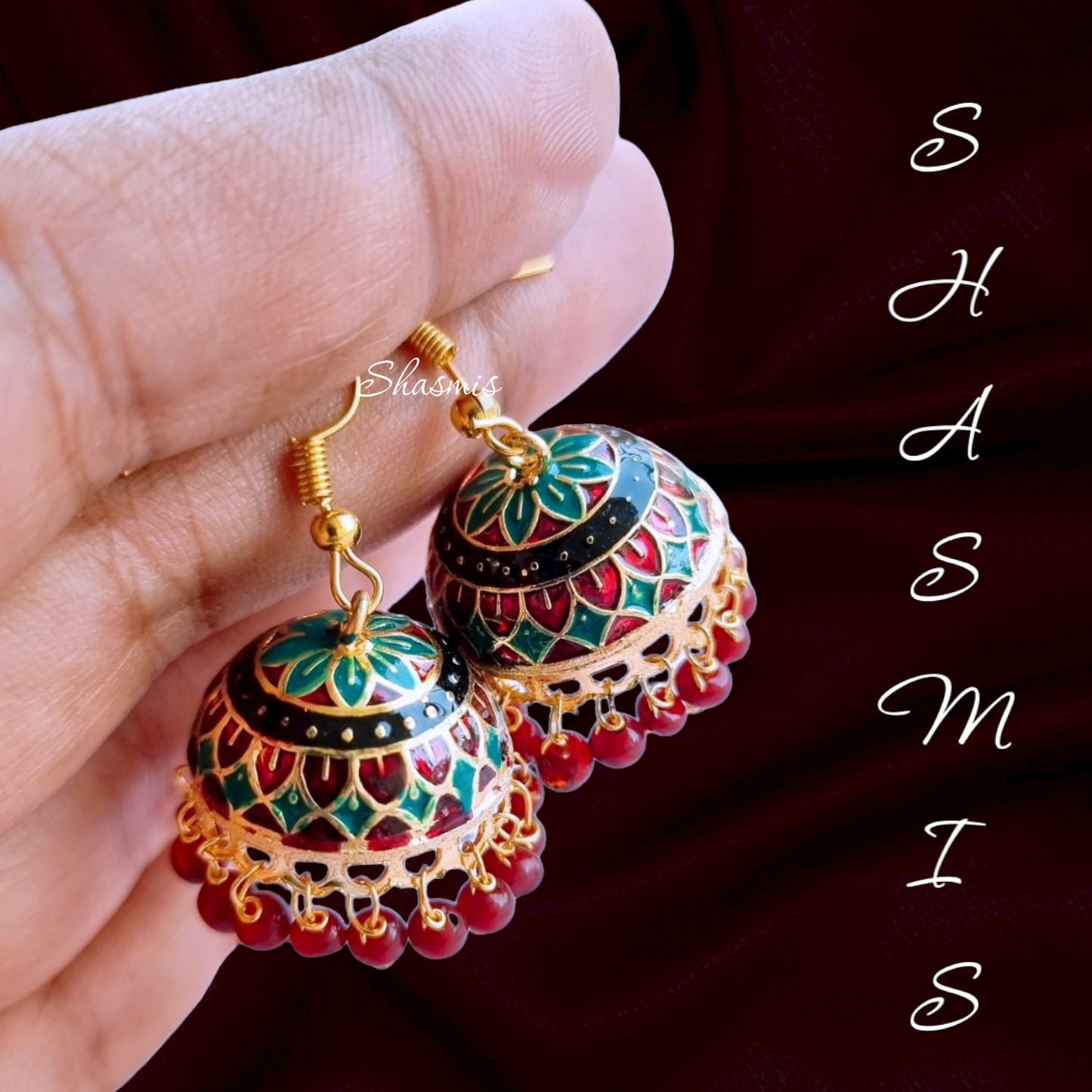 Green And Maroon Meenakari Jhumka Earrings