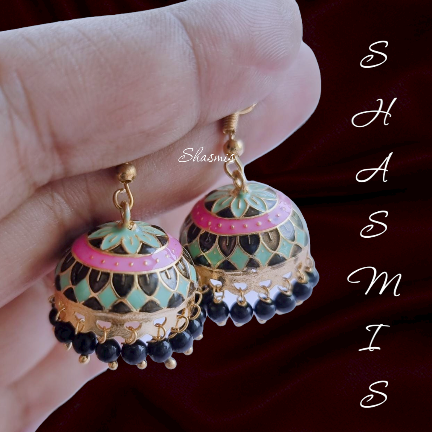 Pink and Mint Green Meenakari Jhumka Earrings