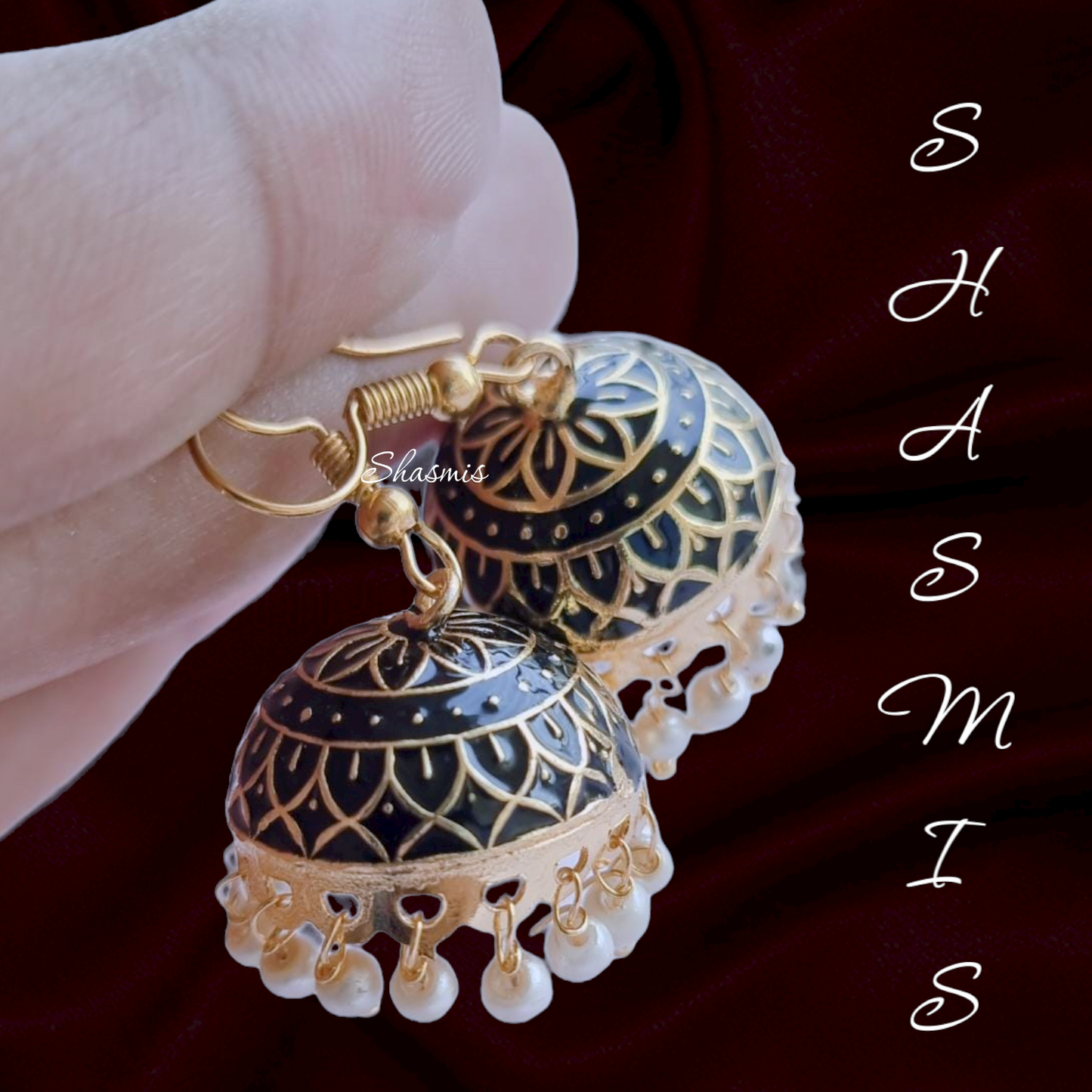 Black Color Gold Plated Meenakari Jhumka Earrings