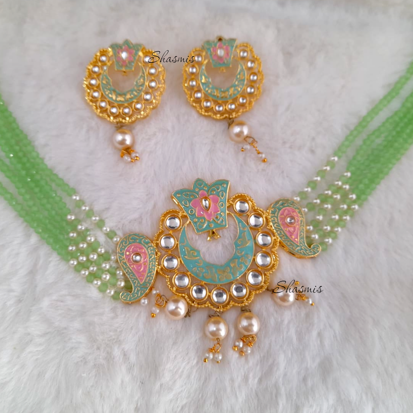 Light Green Kundan Design Beaded Necklace