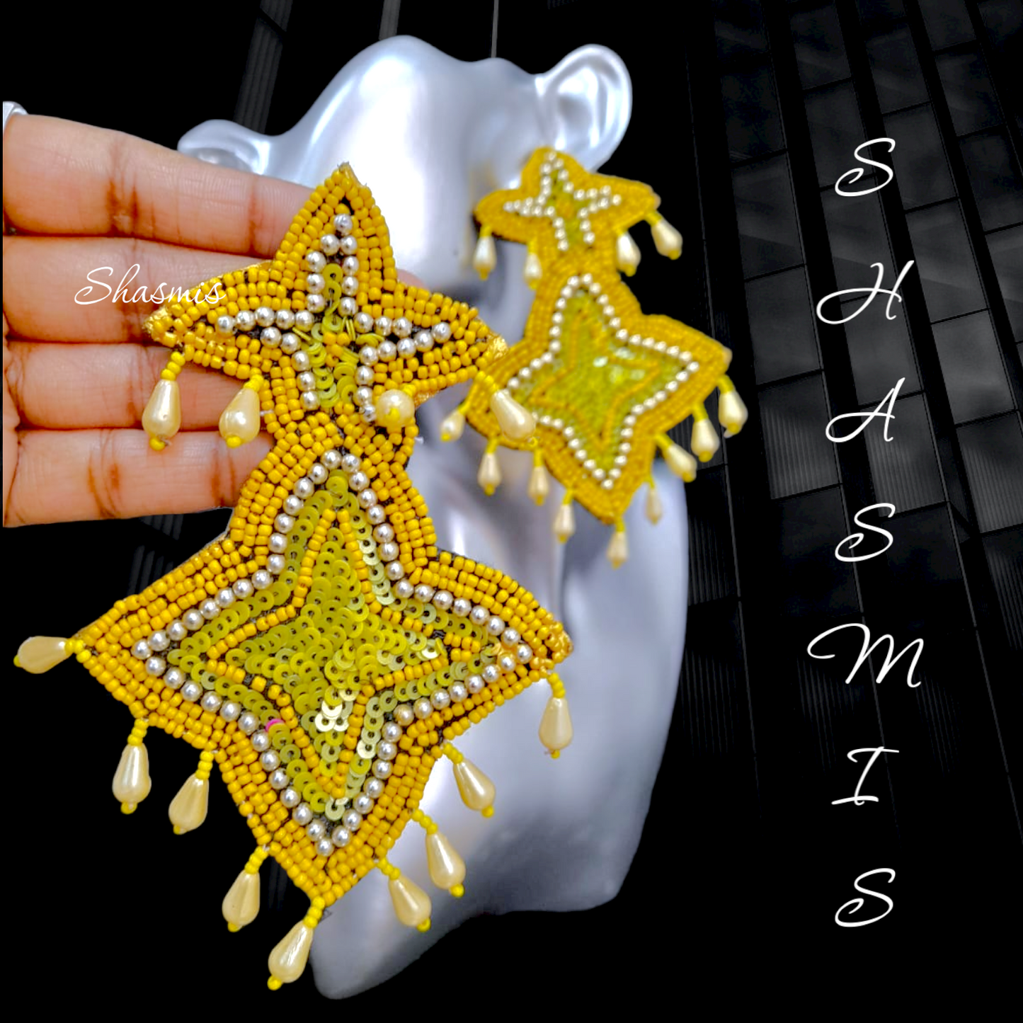 Yellow Color Star Shape Embroidery Earrings
