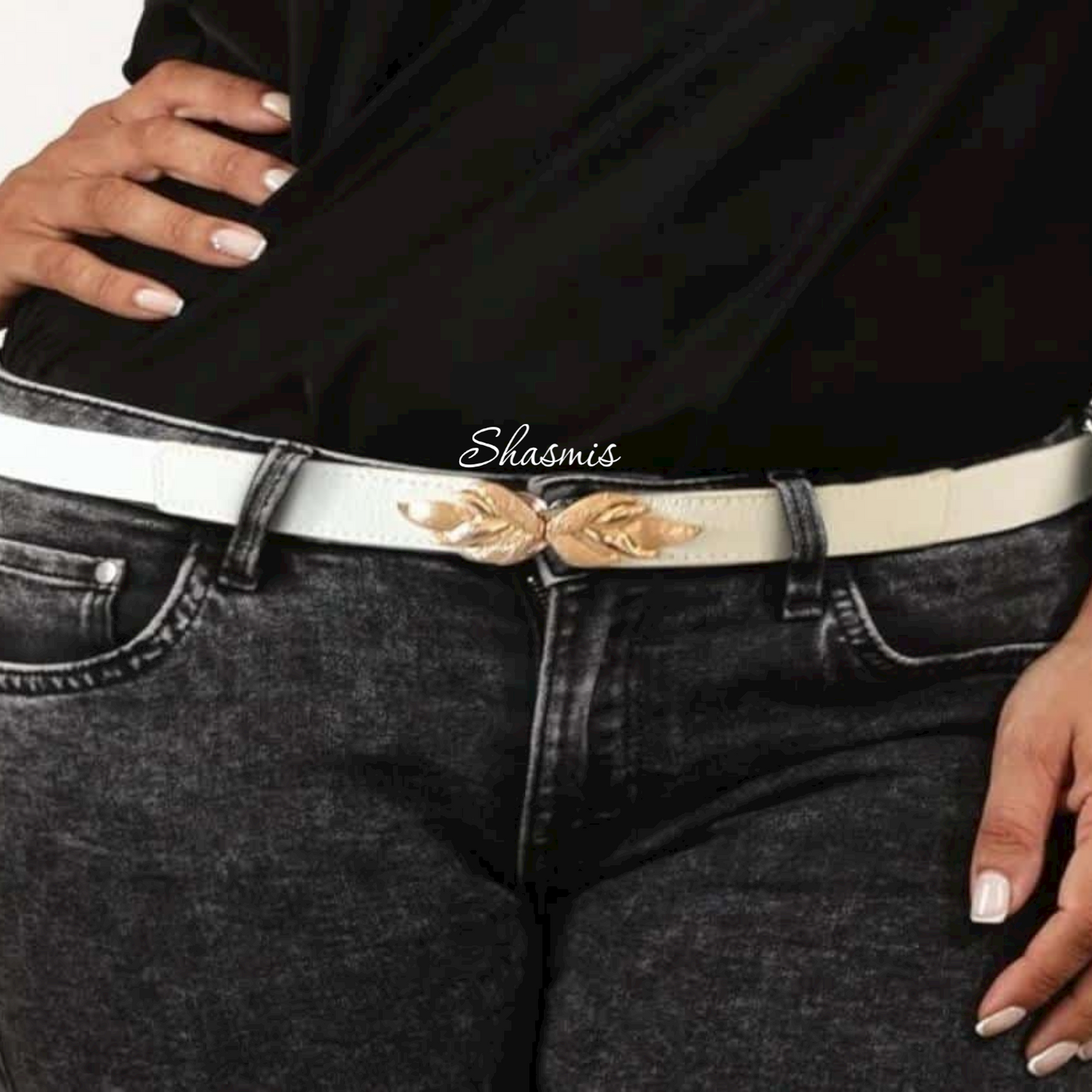 White Leather Belt with Leaf Design Buckle