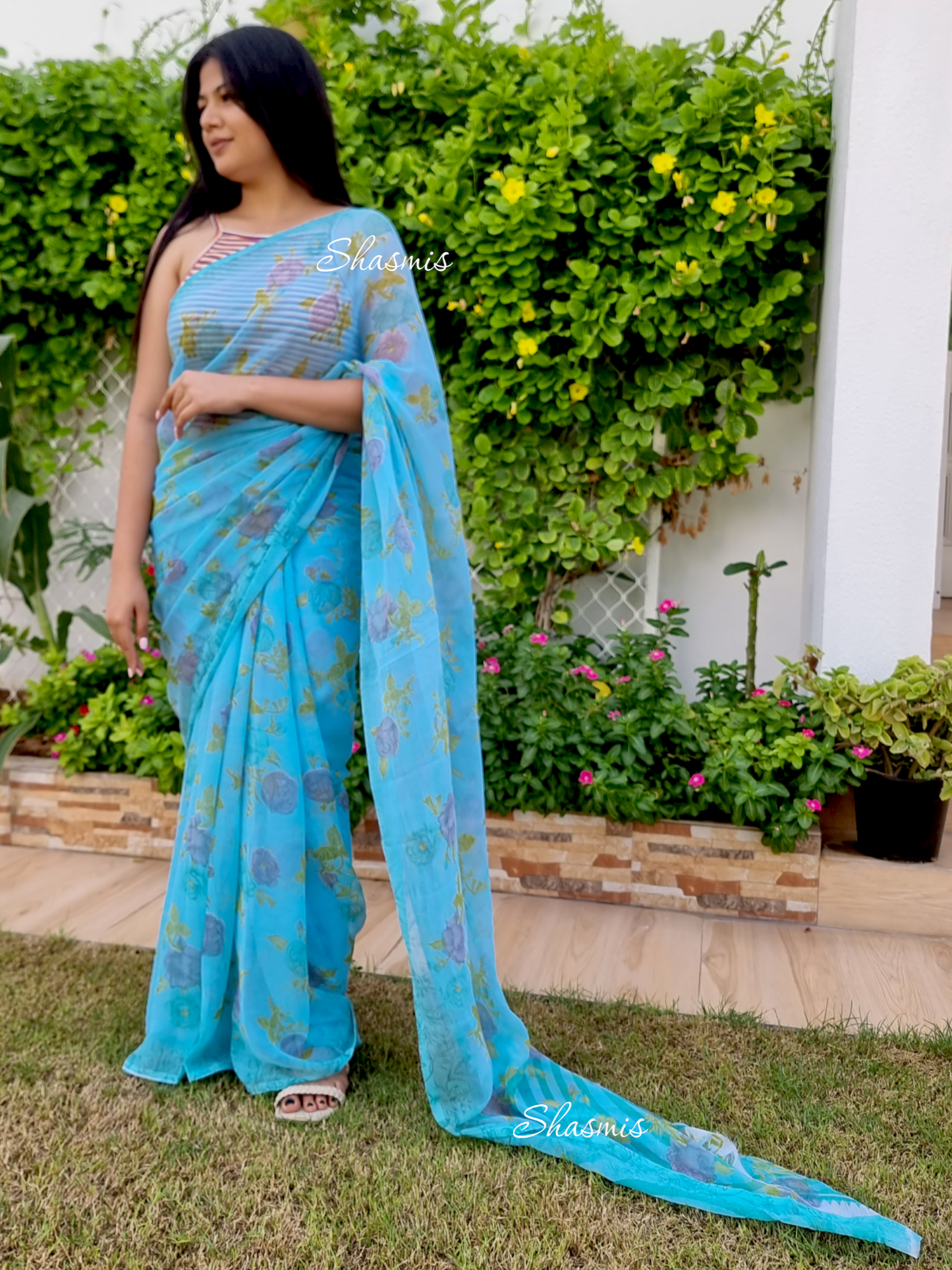 Sky Blue Printed Silk Saree