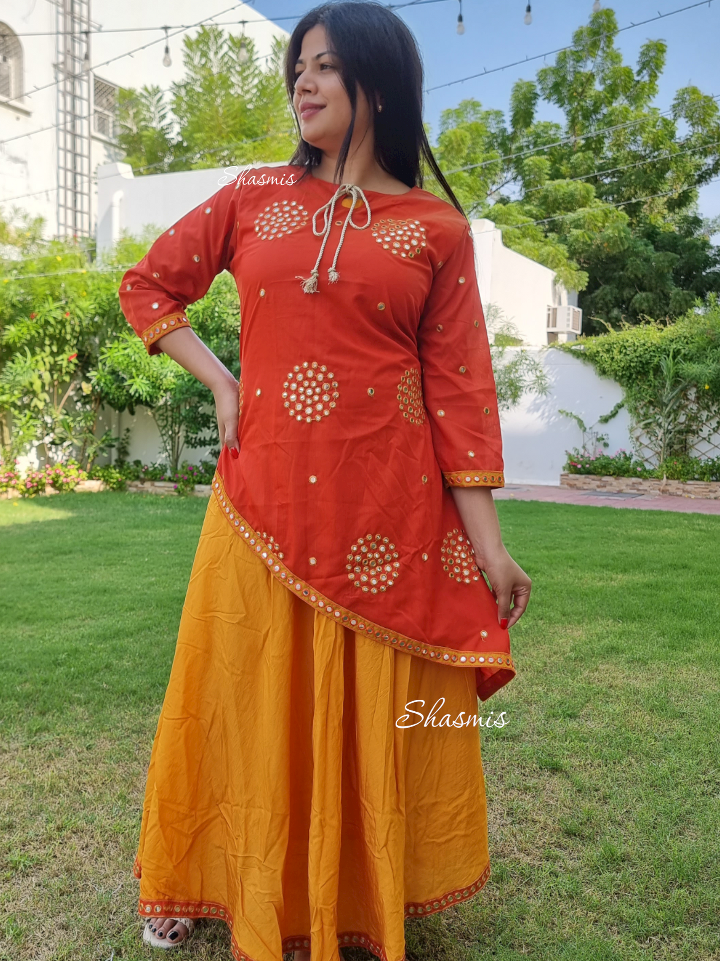 Cotton Sleeveless Gown(Inner) With Silk Blend Tunic, Has Foil Mirror Work, 3/4th Sleeves