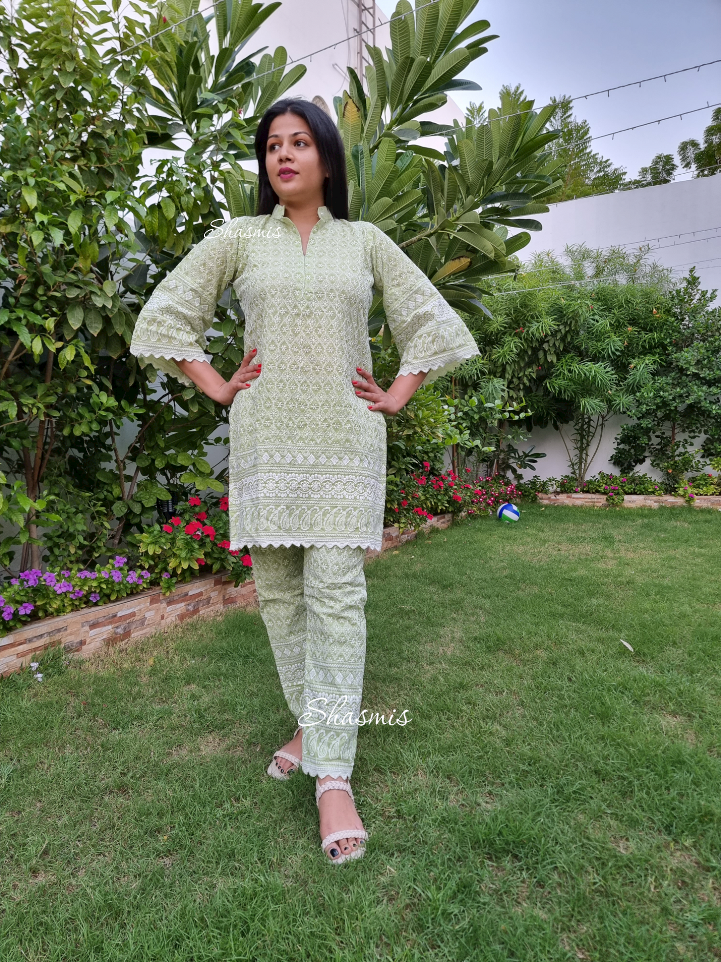 Pista Green Color Embroidery Dress