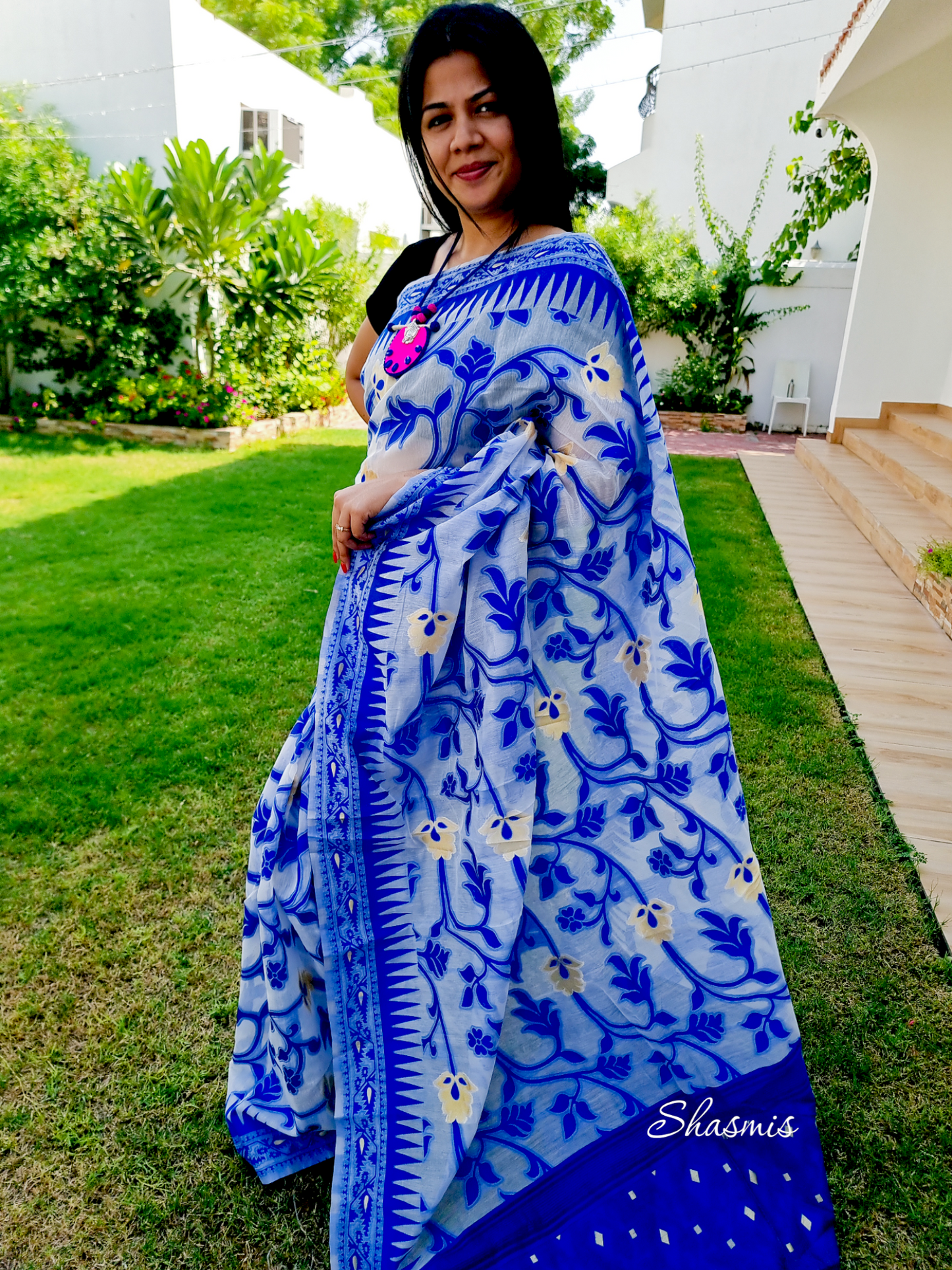 Blue and White cotton Linen Saree