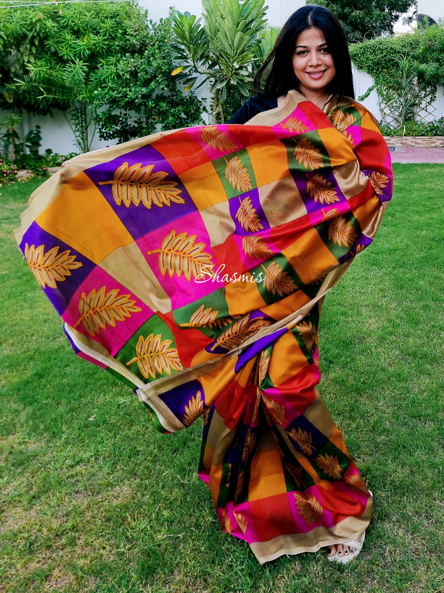Multi color Leaf Saton Silk Saree