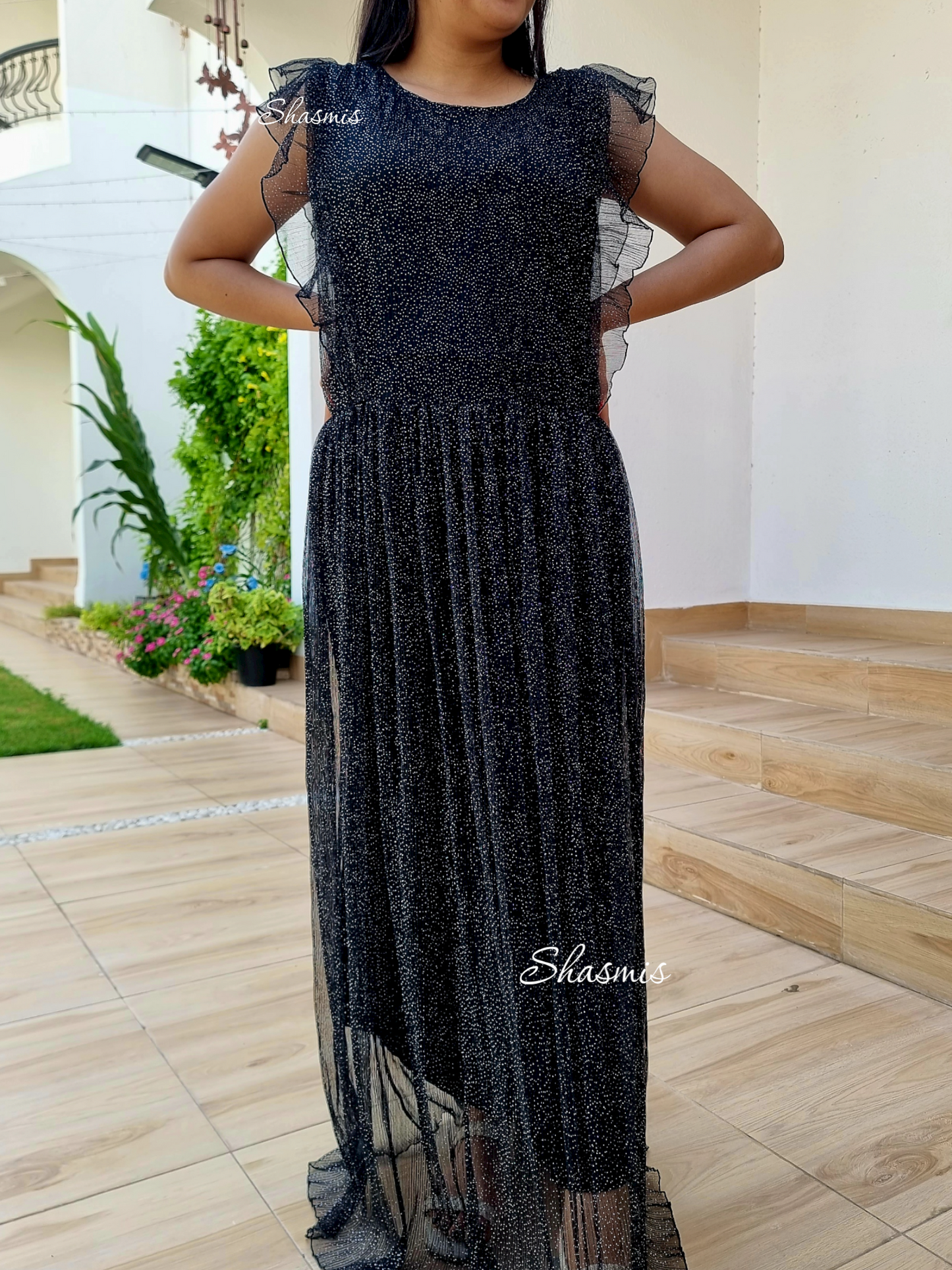 Shimmer Net Gown With Raffle Sleeves