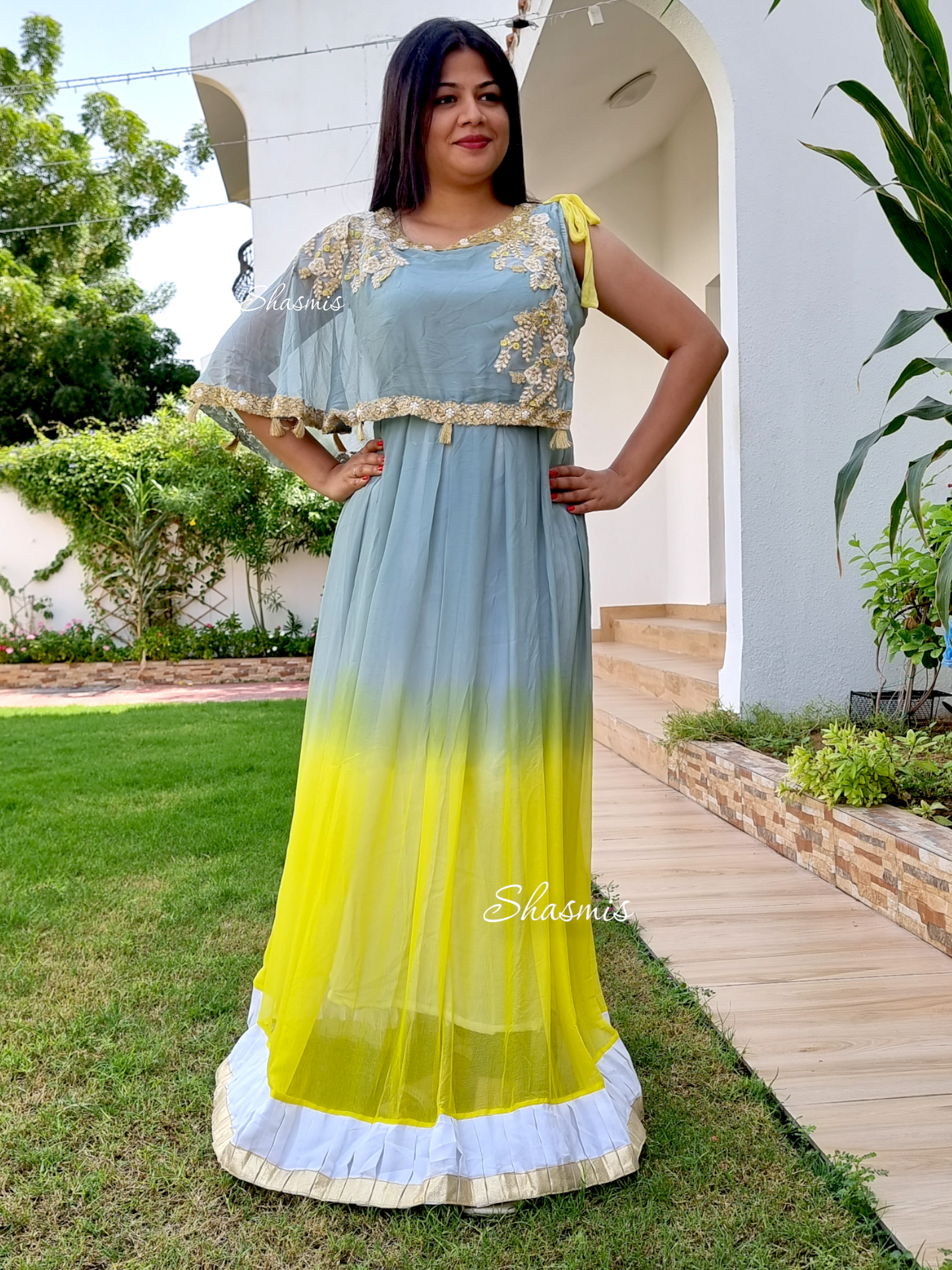 Trendy Yellow and Grey Georgette Dress Embroidery work on choli