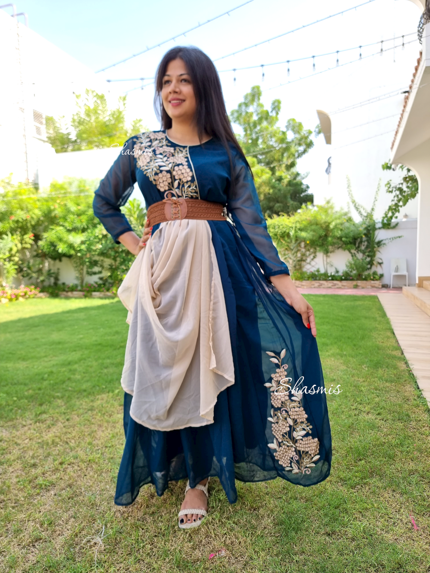 Georgette Gown With Embroidery Comes With Brown Stretchable Belt Size 44