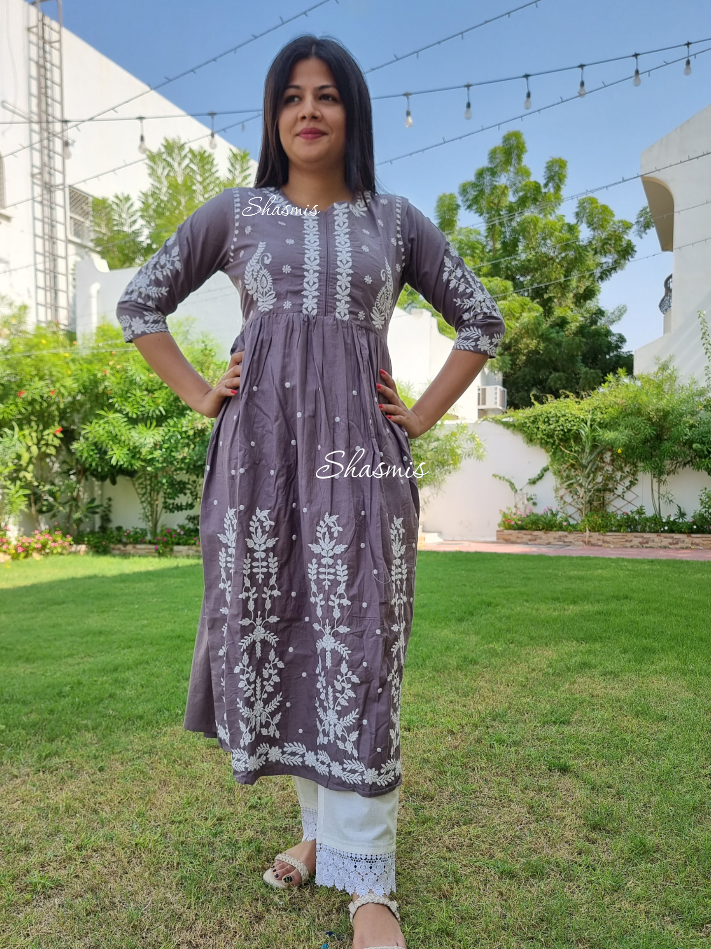 Grey Color Anarkali Cut With White Embroidery Dress