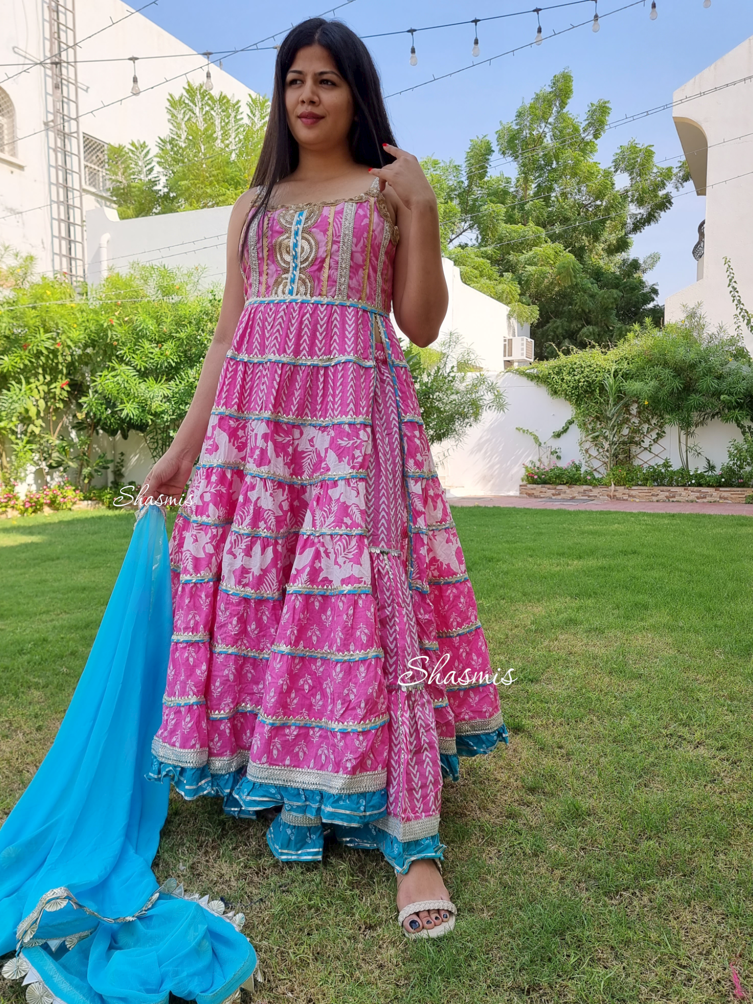 Pink and Blue Combination Cotton Garara Shasmis Pink and Blue Combination Cotton Garara Shasmis
