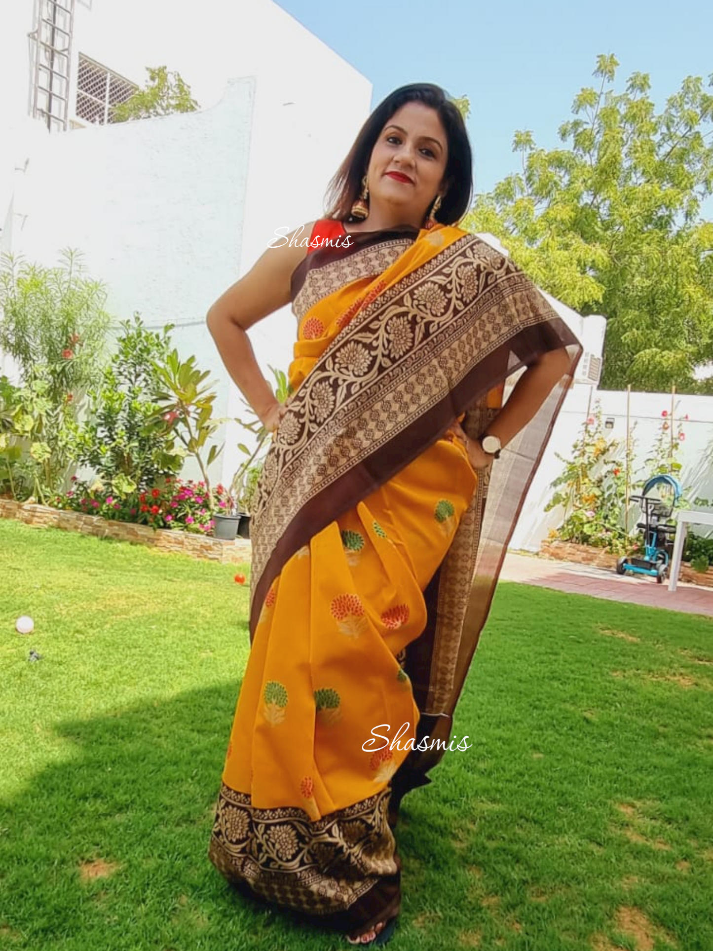 Brown And Yellow Satin Silk Saree