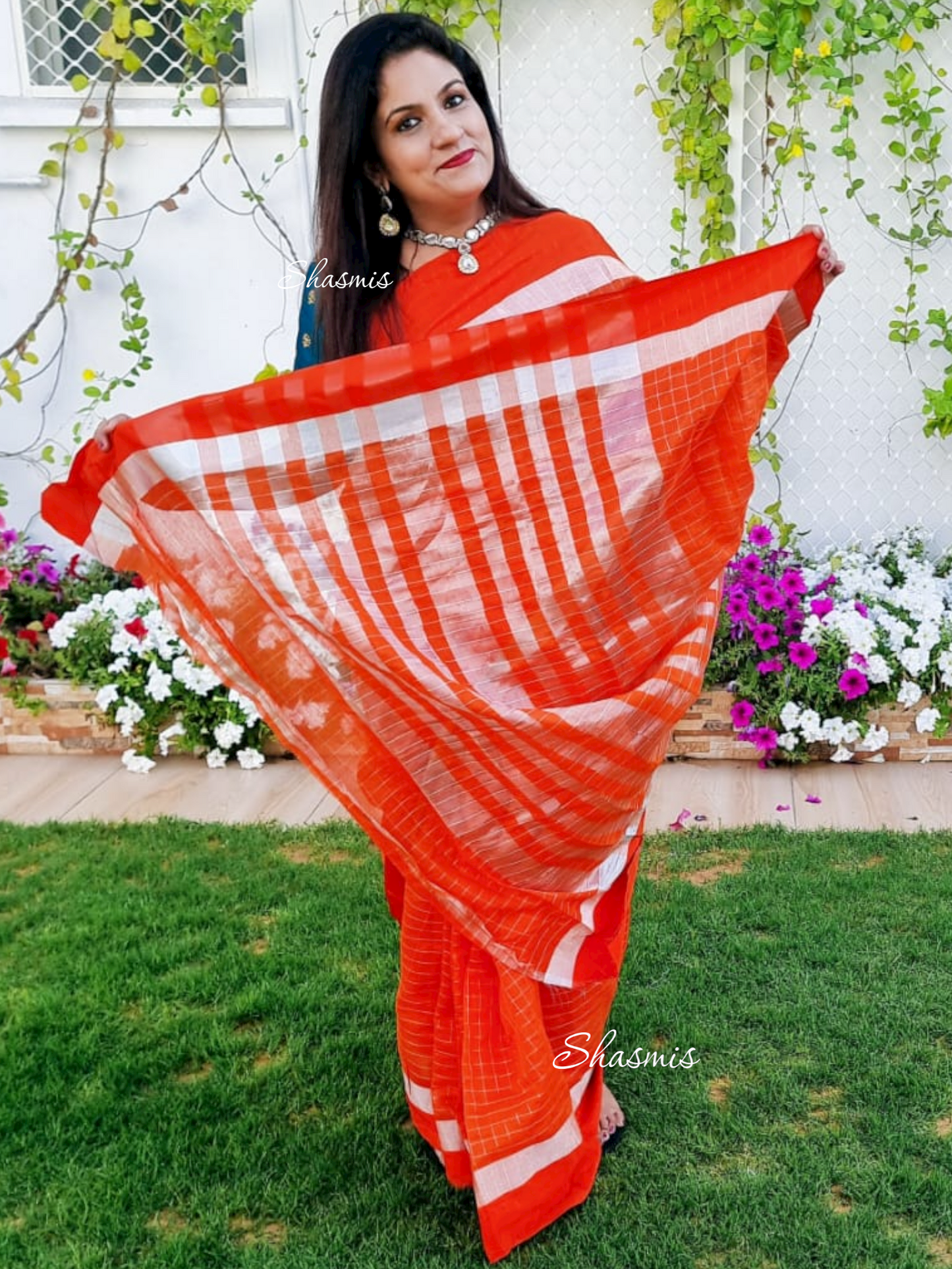 Orange Color Cotton Checks Saree