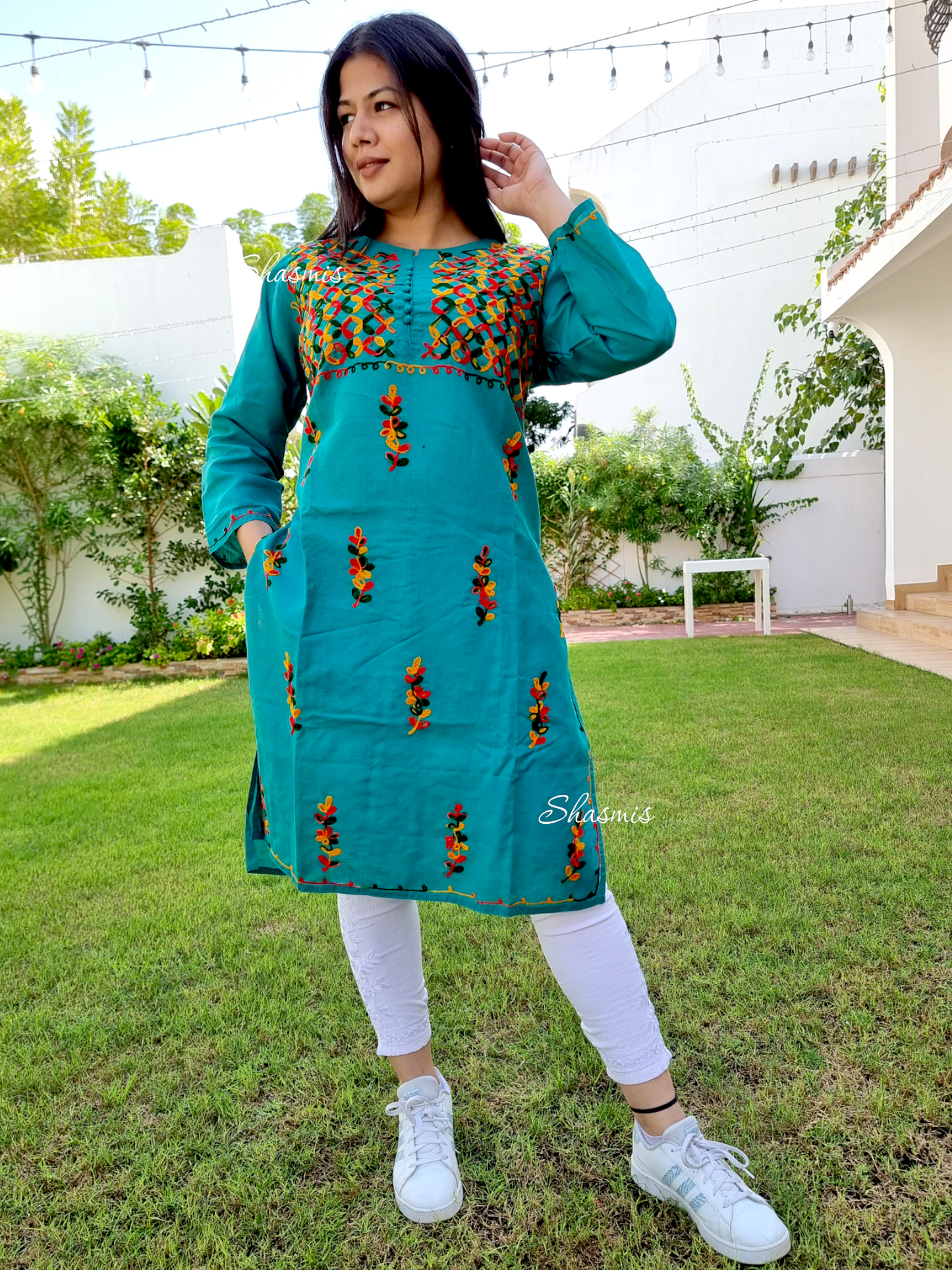Rama Blue Color Embroidery Chickankari Work Kurti