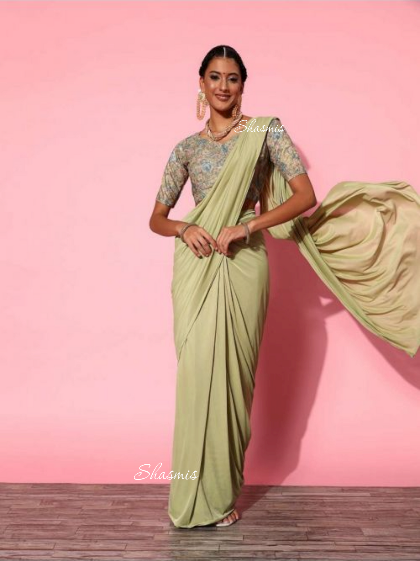 Light Olive Green Color Georgette Ready Made Saree