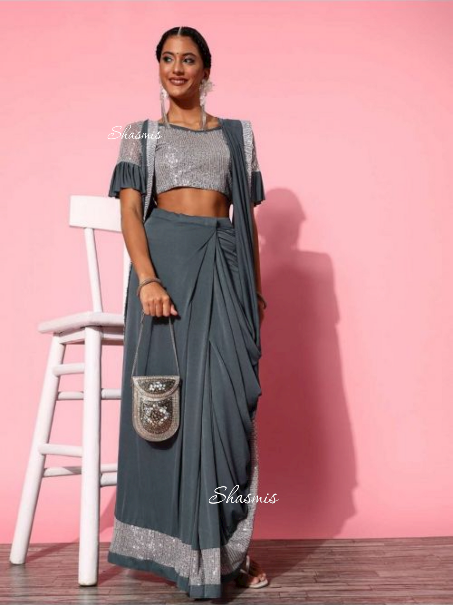 Grey Color Georgette Ready Made Saree