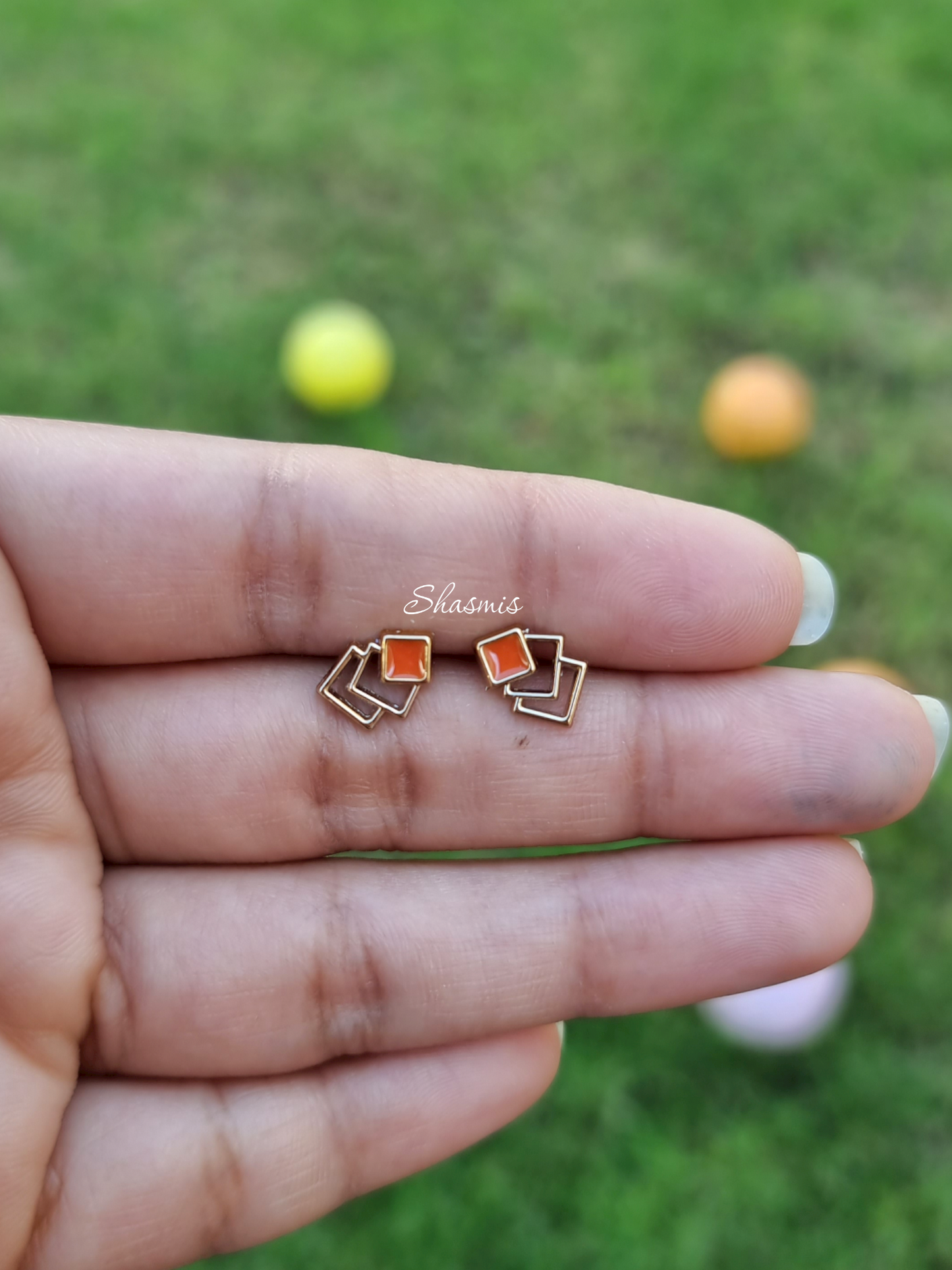 Square Shape With Brown Color Layer Design Earrings For Kids, Packed In Gift Box