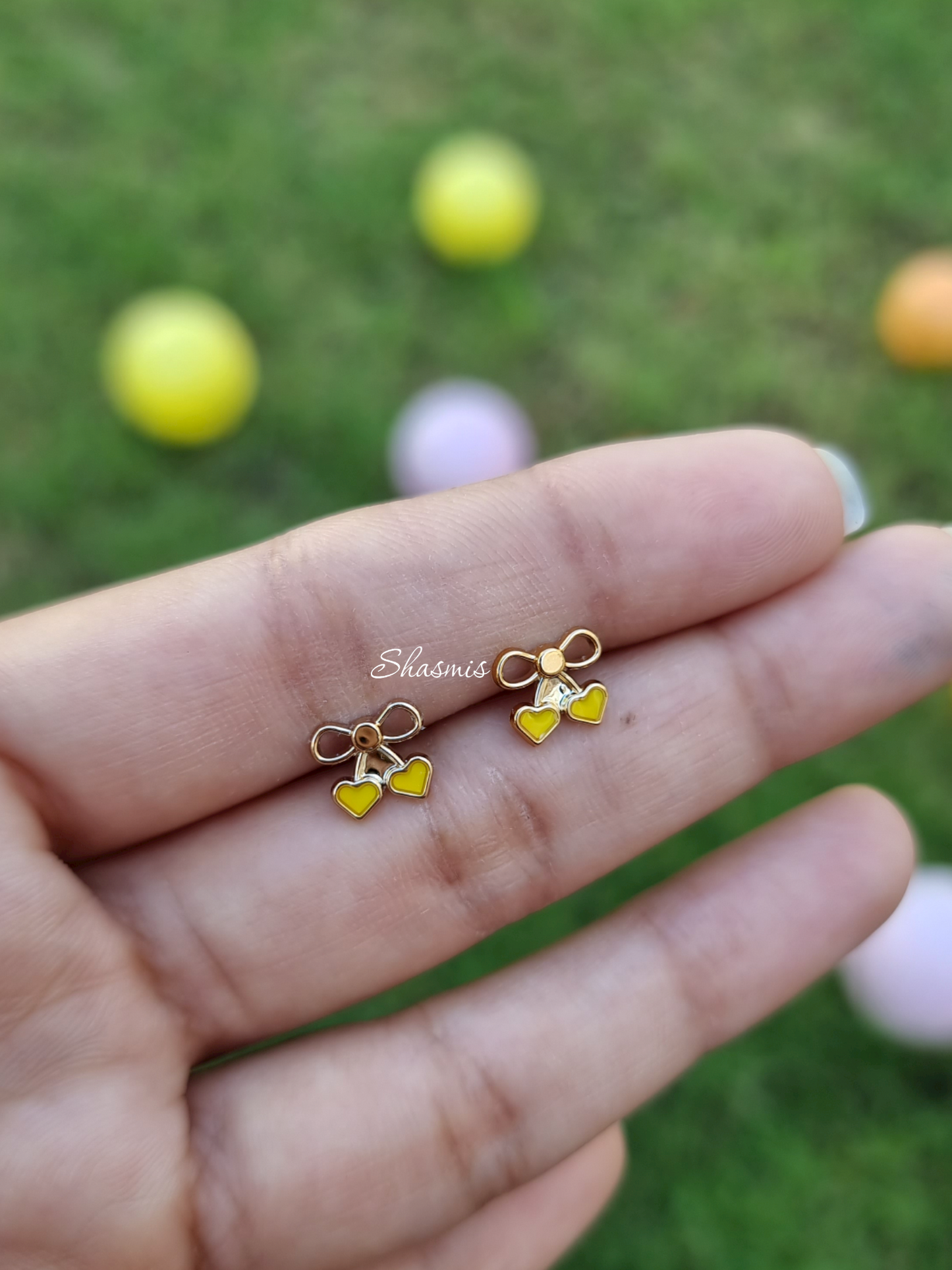 Bow With Yellow Color Heart On drop Earrings For Kids, Packed In Gift Box