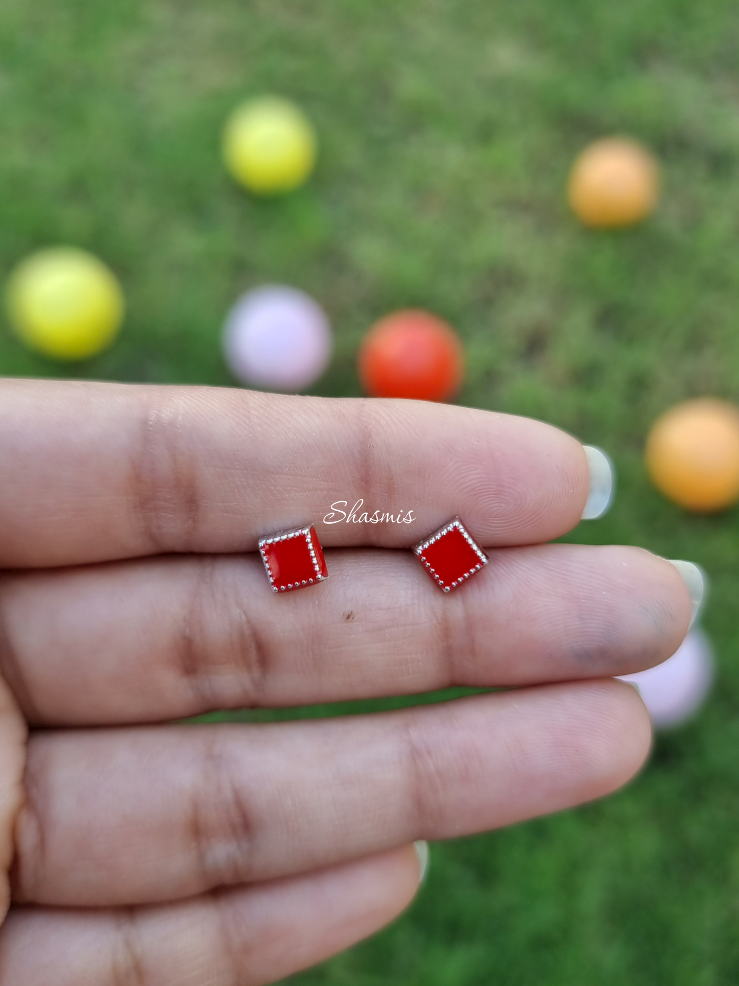 Red Color Square Shape Earrings For Kids, Packed In Gift Box