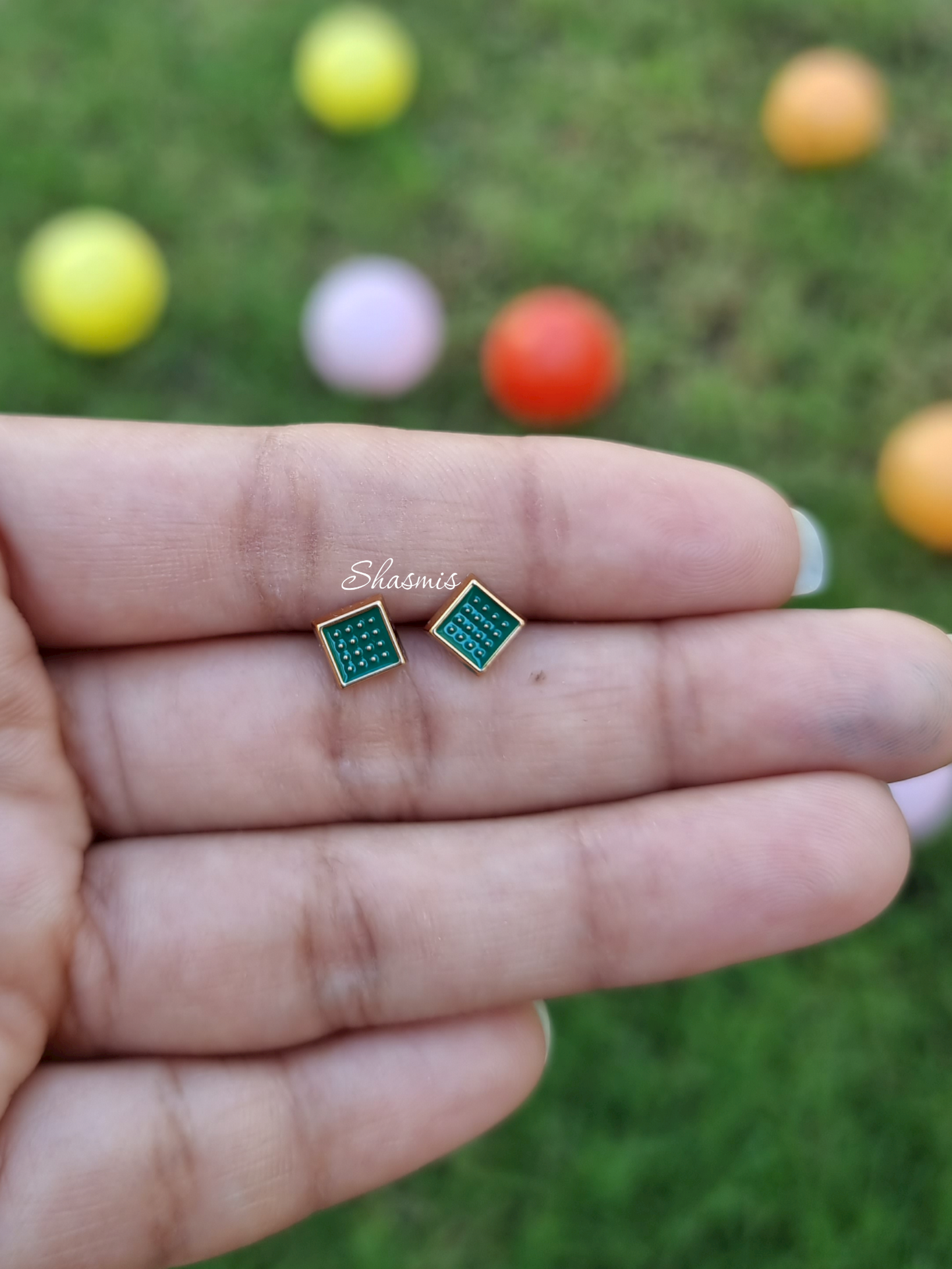 Green Color Square Design Earrings For Kids, Packed In Gift Box