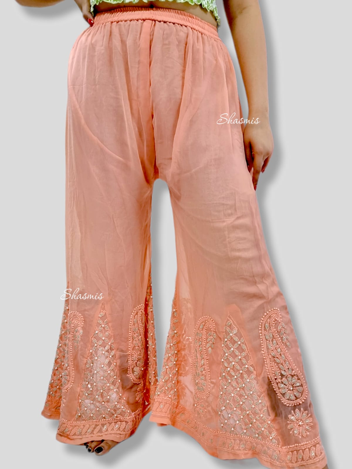 Peach Color Georgette Chikankari With Gota Patti Work With Pearl