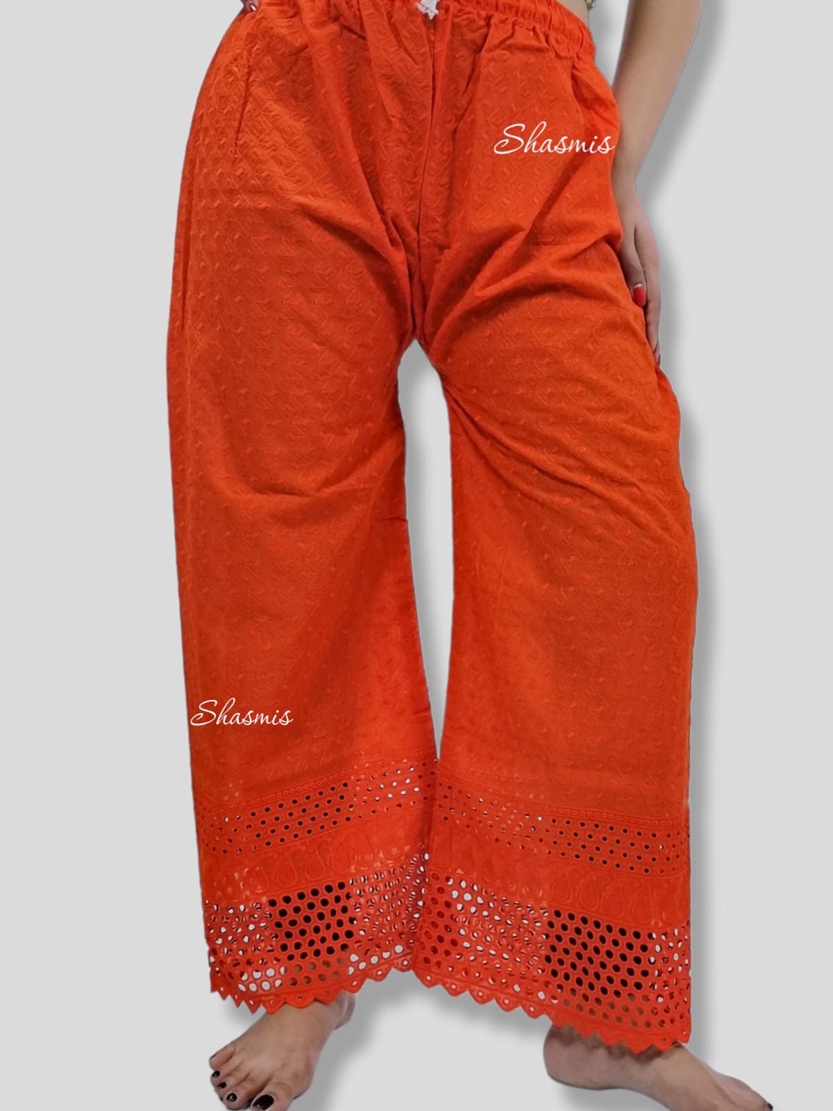 Orange Color Chikankari Plazo With Cut Work at the bottom