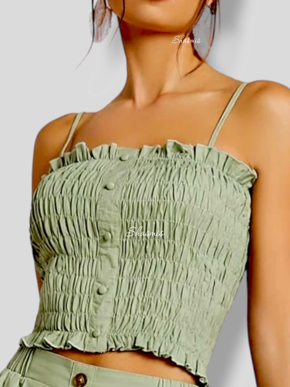 Shirred Button Blouse With Strap Sleeve