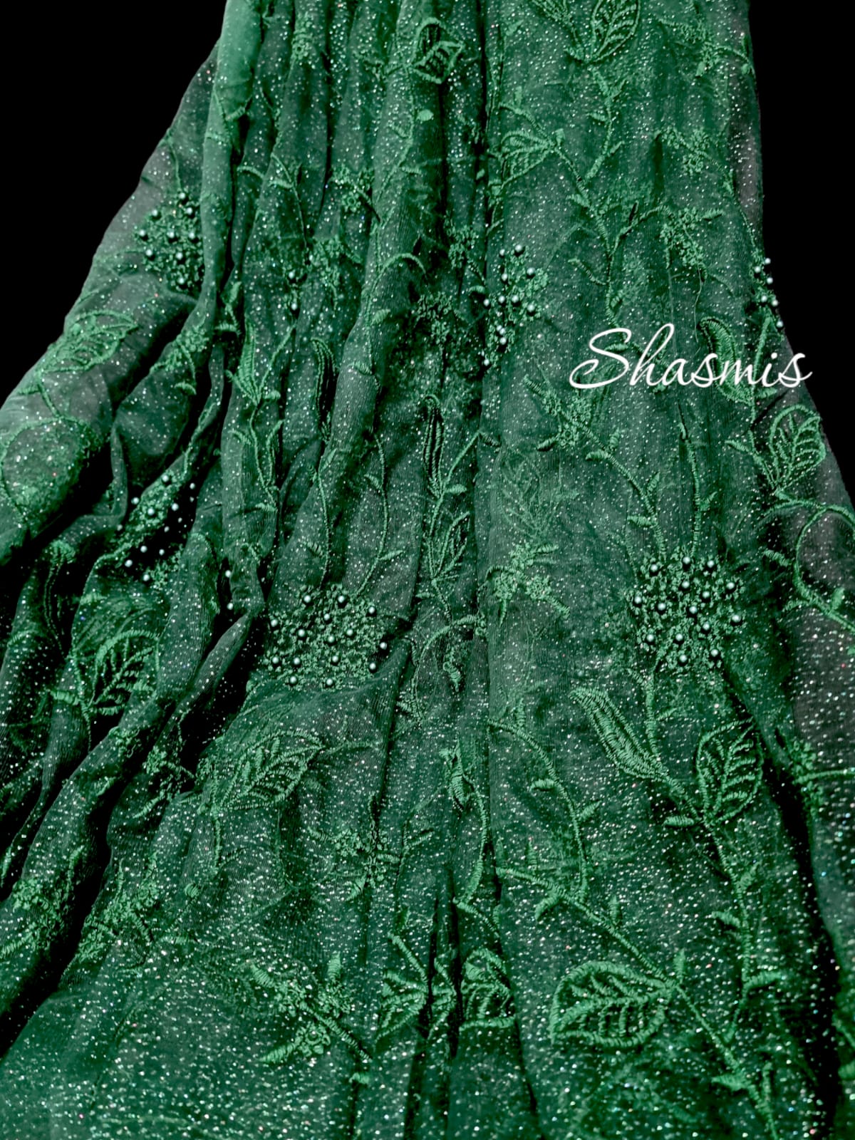 Silk Net Fabric With Green Color Embroidery Lace And Pearl on Material