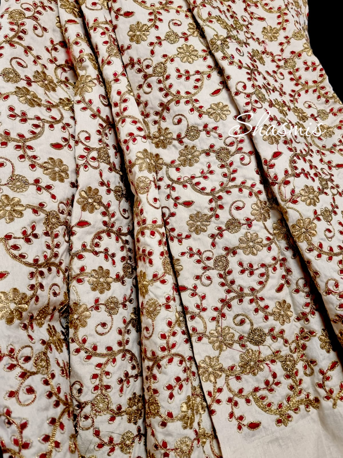 Beige Color Silk Material With Golden And Red Flower Embroidery