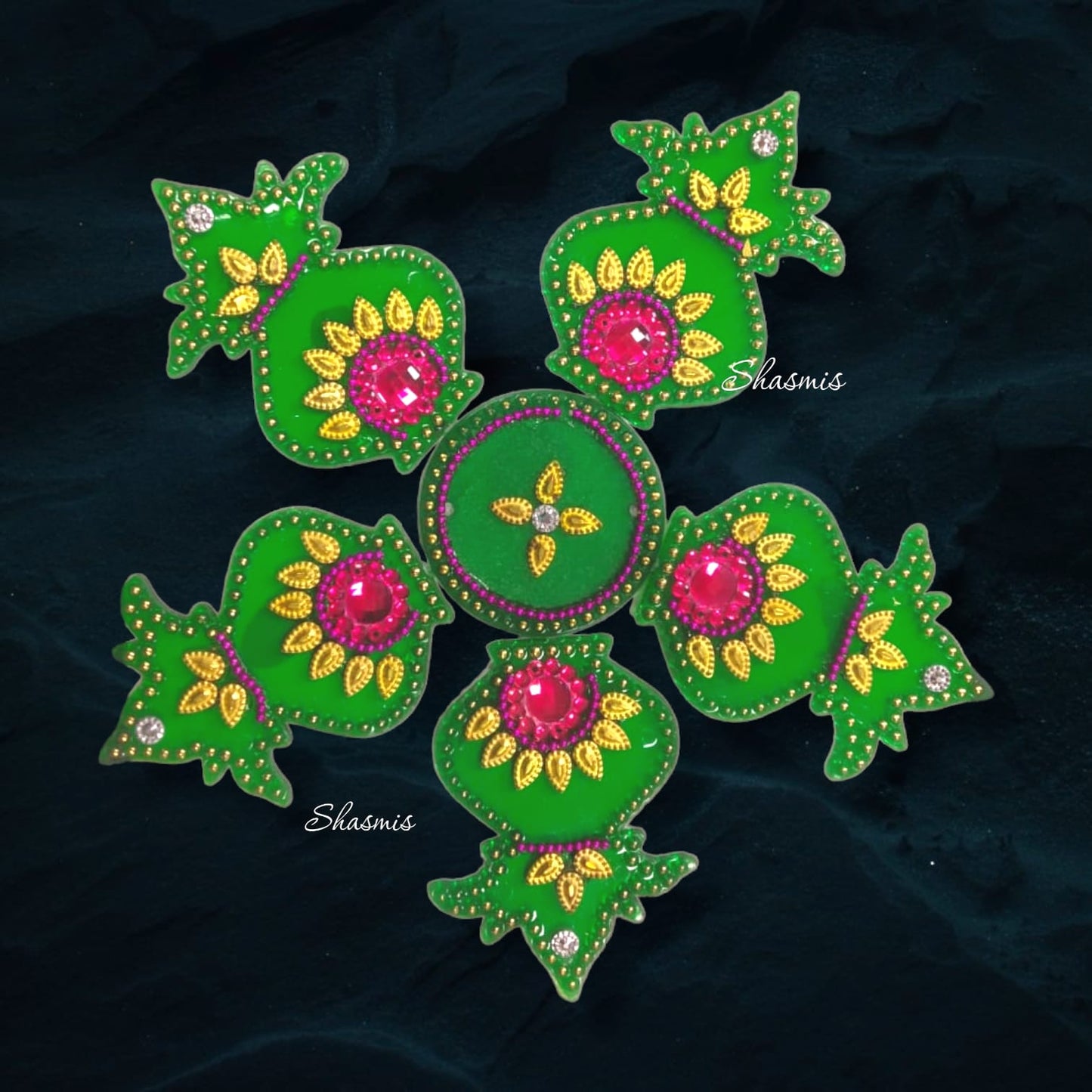 Green Color Kalash Shape Traditional Faux Stones Door Rangoli Design