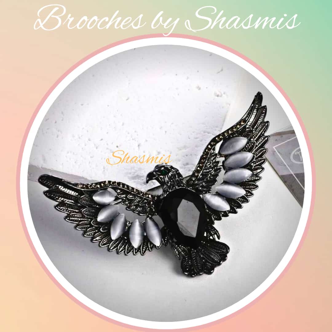 Black Color Eagle With Grey Stones Brooch