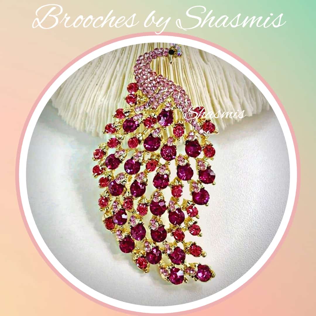 Pink Color Peacock Design Brooch With Stones
