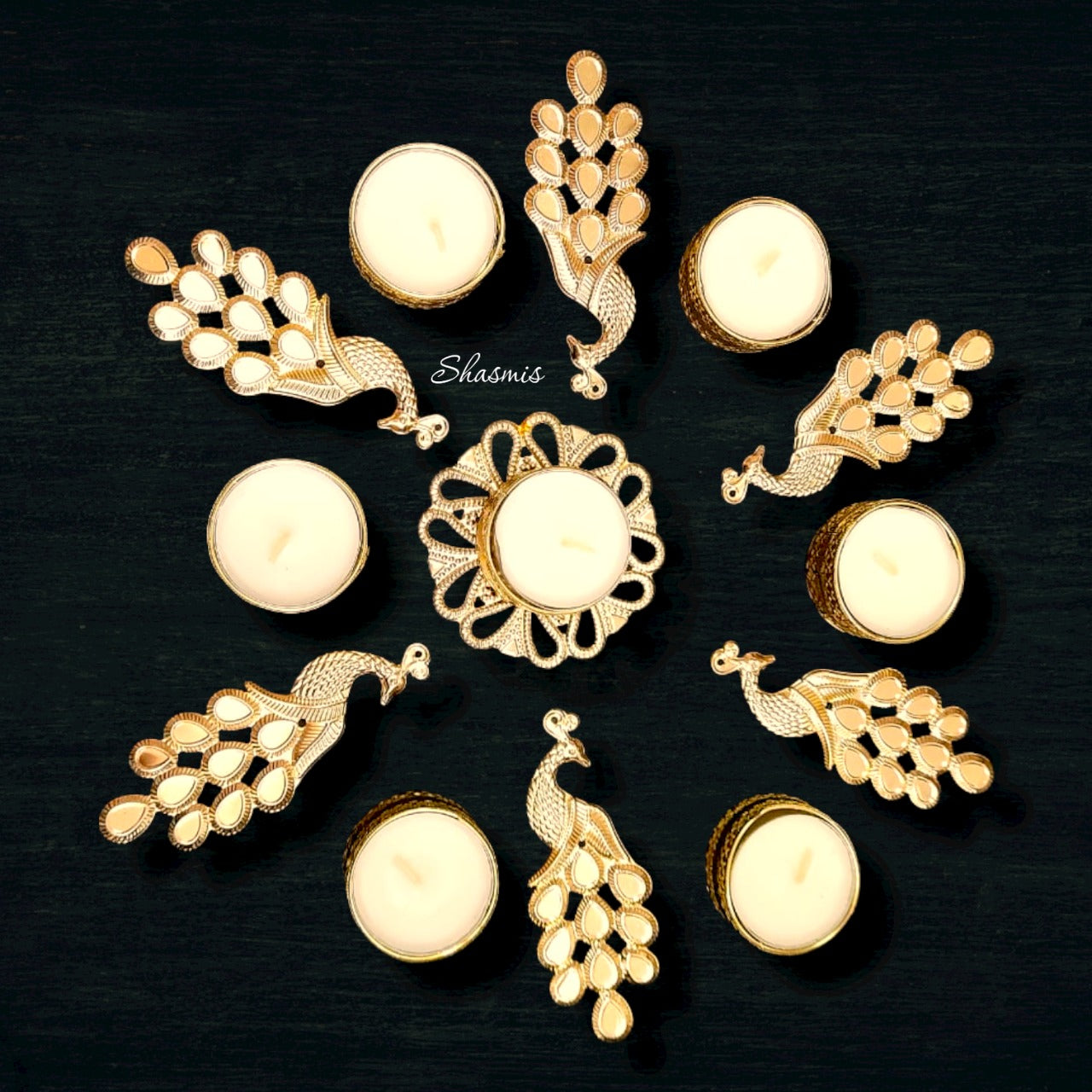 Peacock Design Candle Holder Rangoli Set