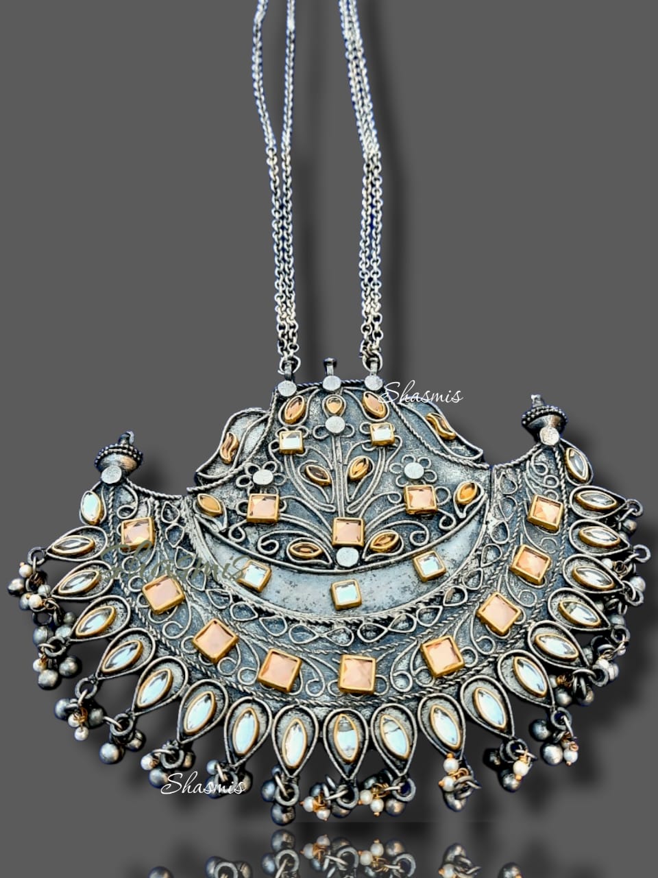 Wide Pendent Silver Oxidised Necklace With Long Chain