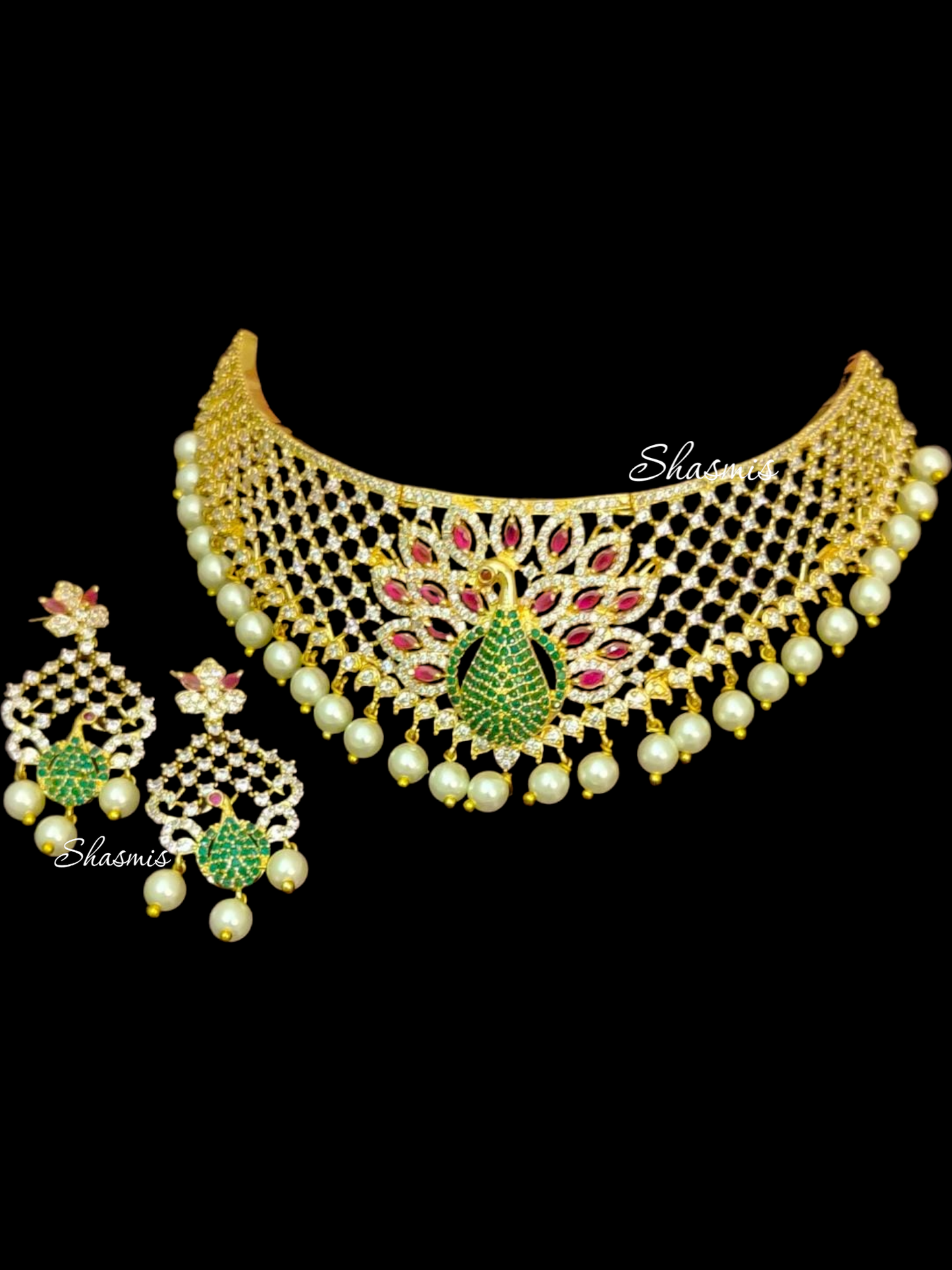 Green and Ruby Stone Peacock Design American Diamond Necklace