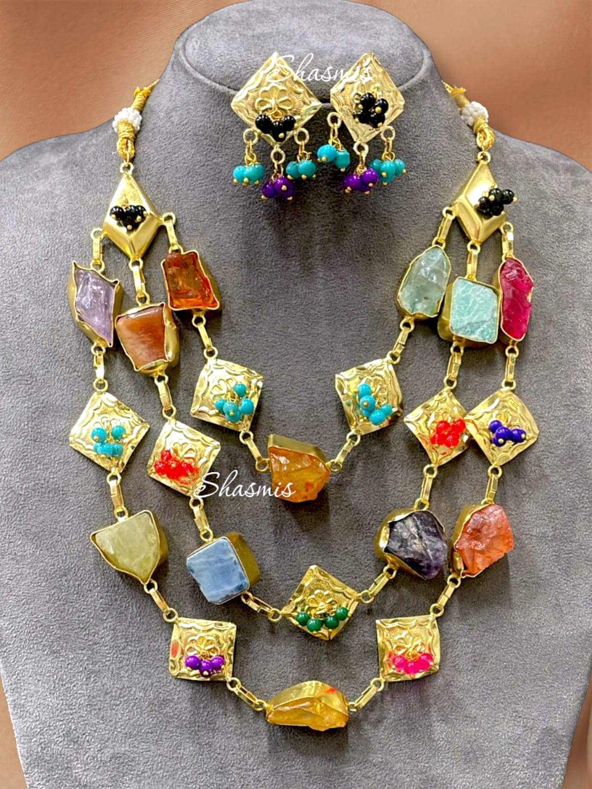 Multi Color Stone Layer Druzy Necklace