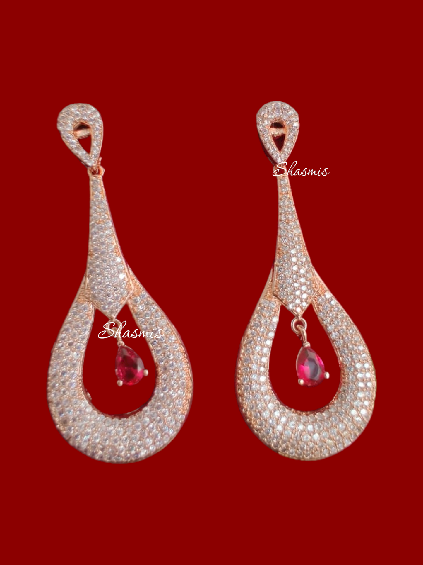 Rose Gold Finish With Ruby In the Centre Diamond Earrings
