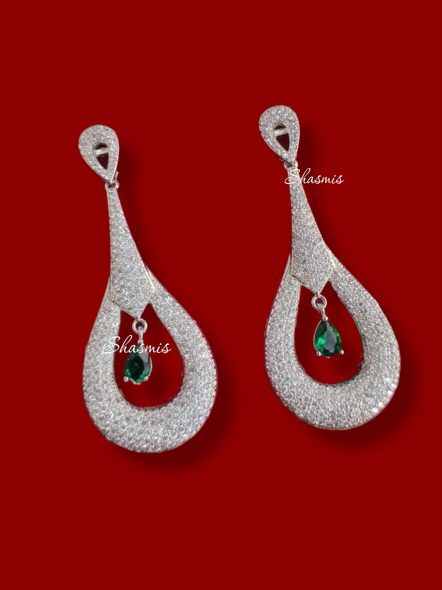Silver Finish With Green Stone In the Centre Diamond Earrings