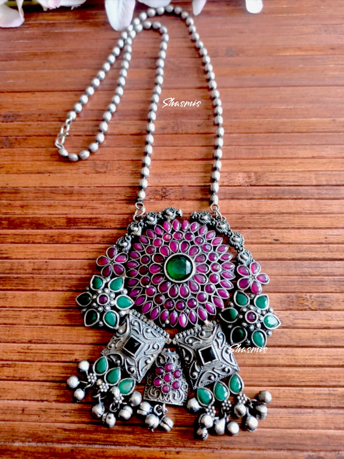 Red and Green Stone Antique Design Oxidised Necklace