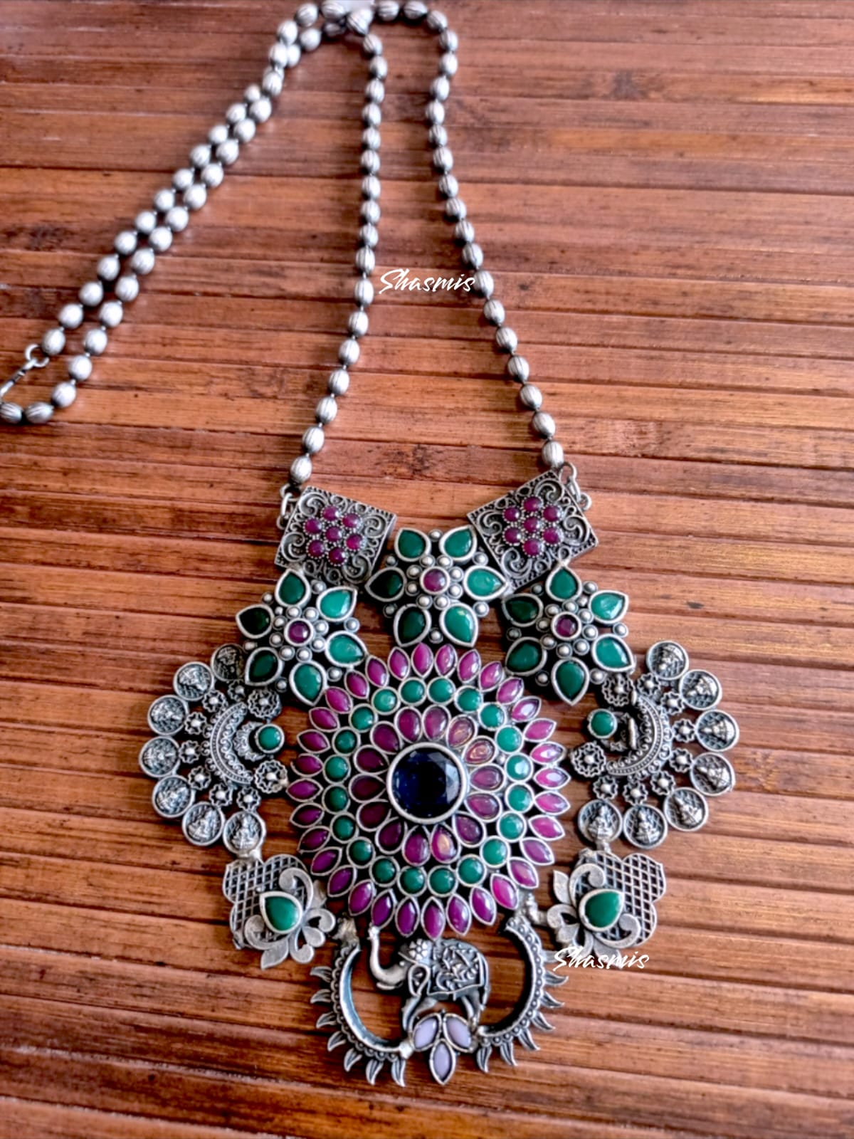 Green Centre Stone With Ruby Design Oxidised Necklace