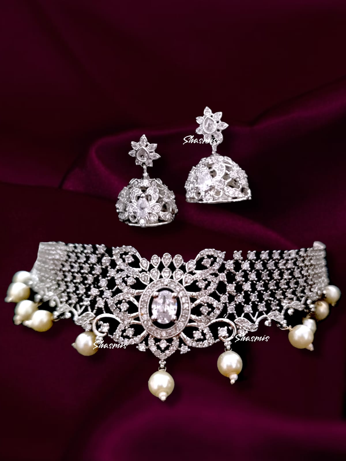American Diamond Necklace With Silve Tone Finish and Earrings