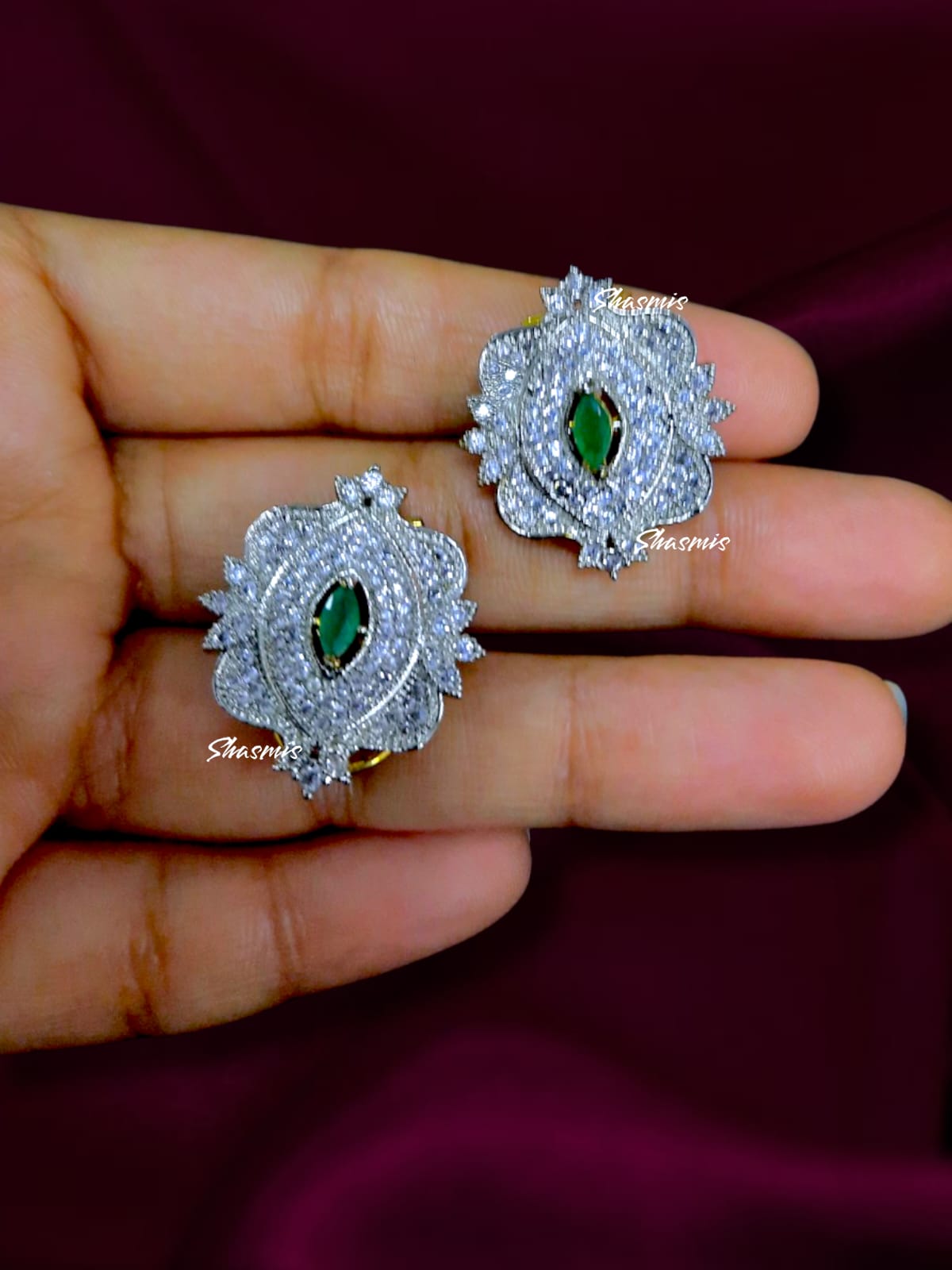 Green Centre Stone With Silver Tone American Diamond Earrings