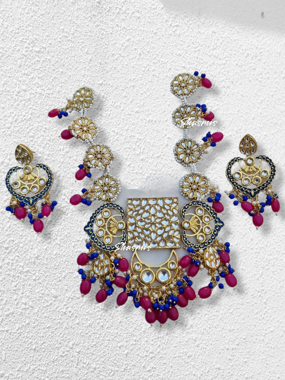 Magenta Pink On Drop With Kundan Stone Necklace