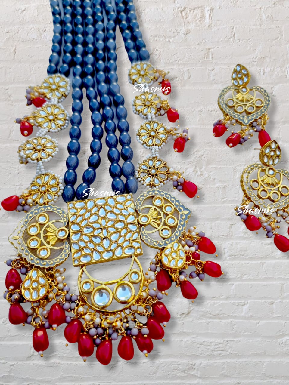 Red and Grey Color Beads Kundan Necaklace