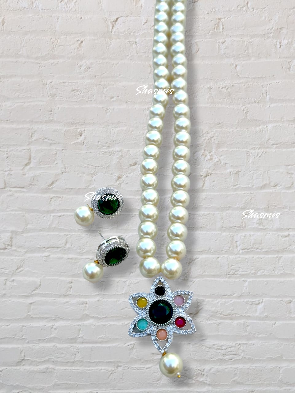 Long Pearl Necklace With Multi Color Stones Pendent