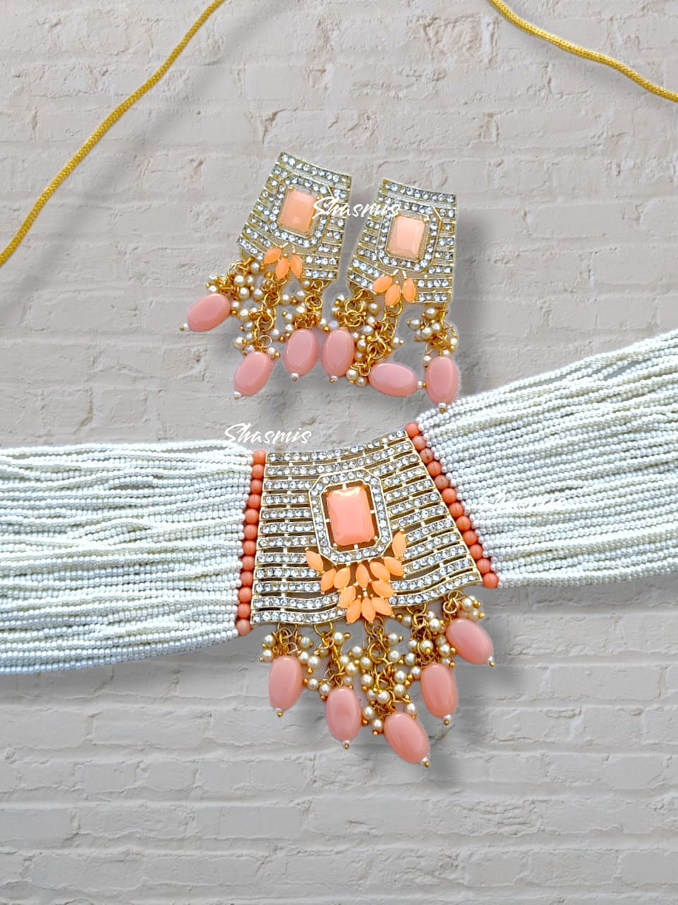 Neon Orange Stone With Pink Beads On Drop Necklace